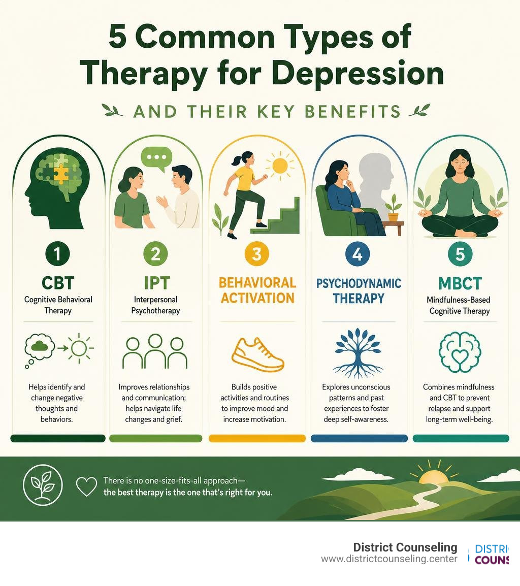 5 common types of therapy for depression: CBT, IPT, Behavioral Activation, Psychodynamic, MBCT with key benefits infographic 5 common types of therapy for depression: CBT, IPT, Behavioral Activation, Psychodynamic, MBCT with key benefits infographic