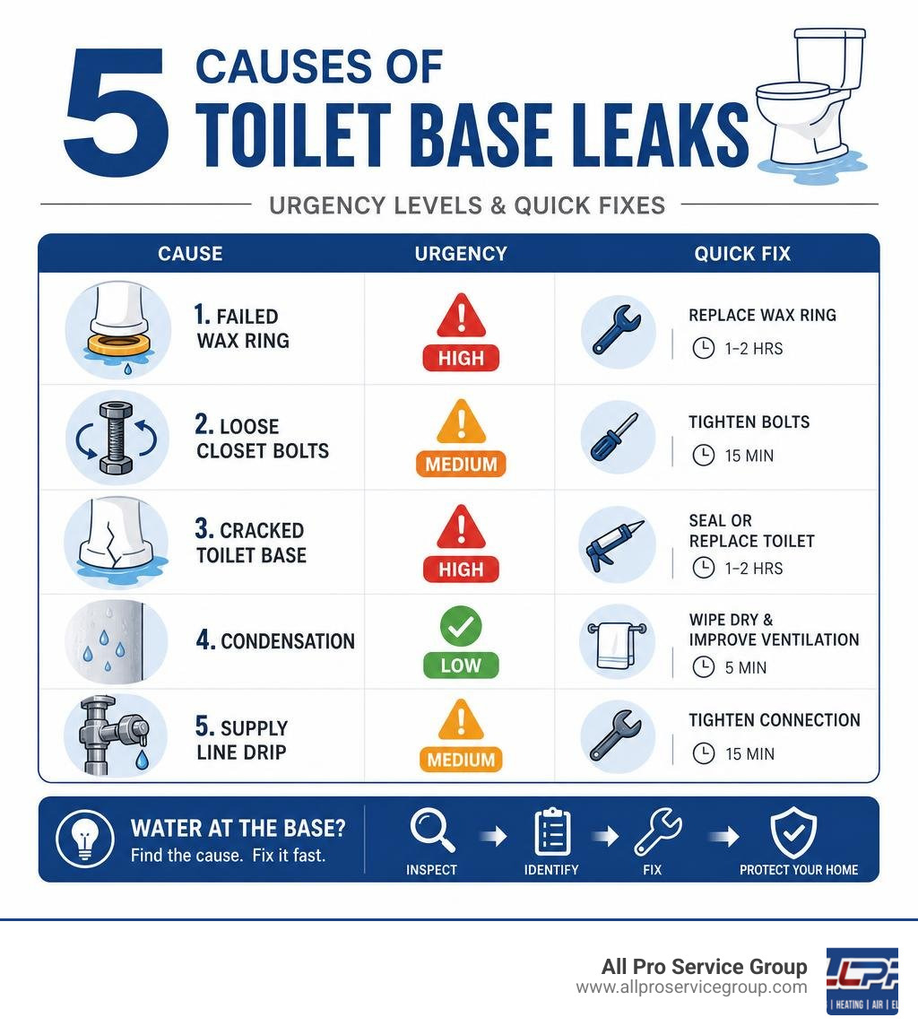 Infographic showing 5 causes of toilet base leaks with urgency levels and quick fixes infographic