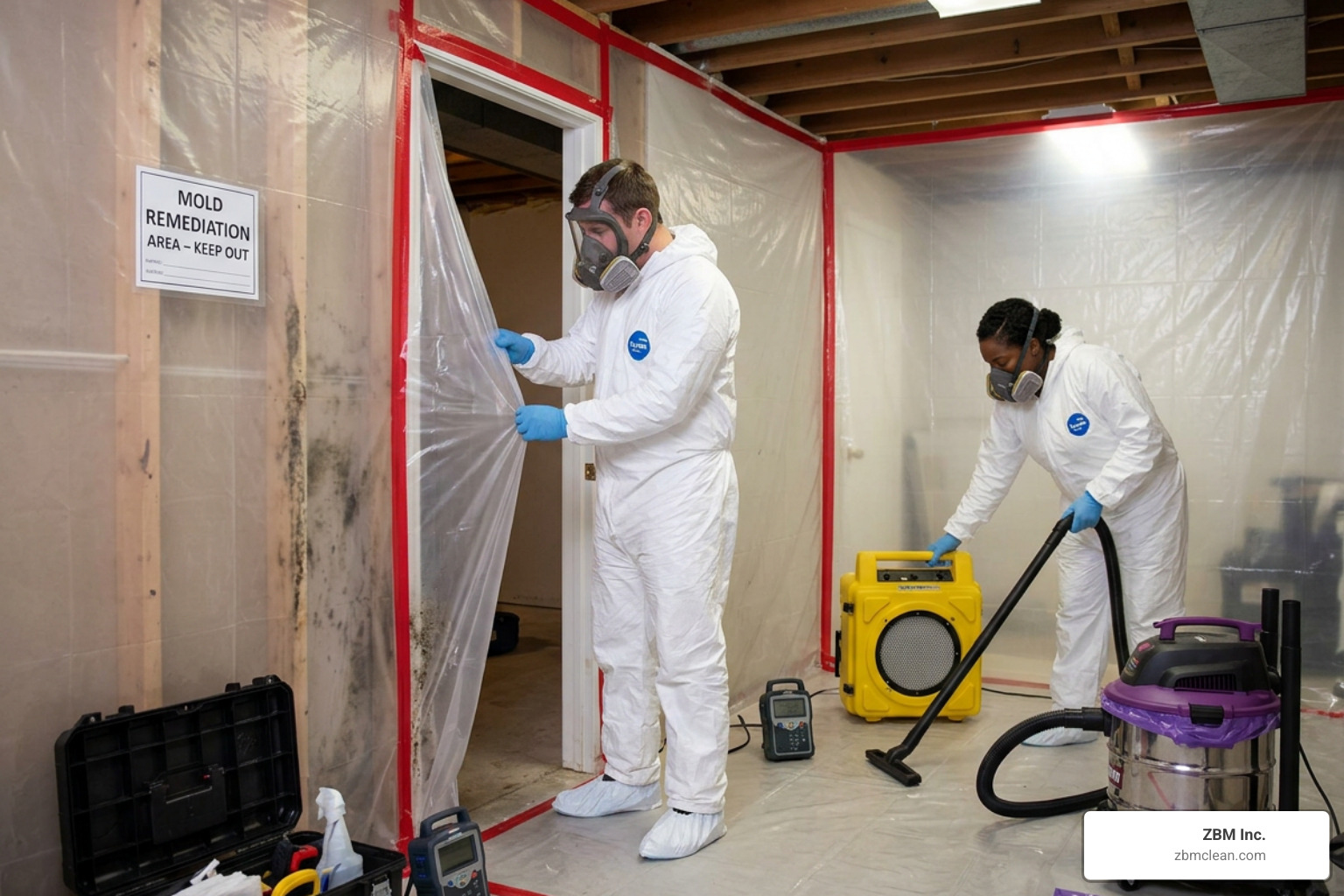 Certified mold remediation technician wearing full PPE and respirator Certified mold remediation technician wearing full PPE and respirator