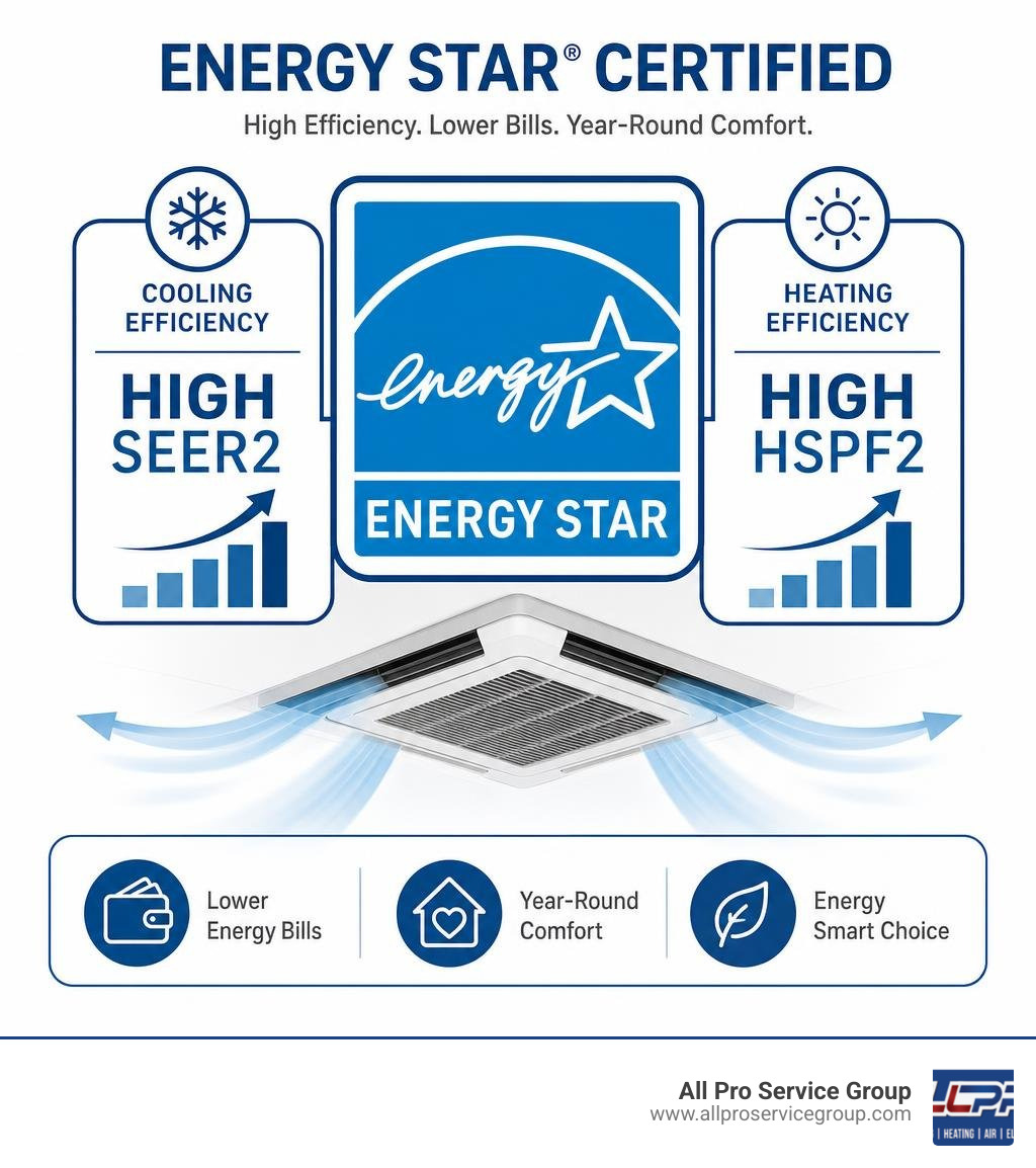 An Energy Star certified label showing high SEER2 and HSPF2 ratings infographic