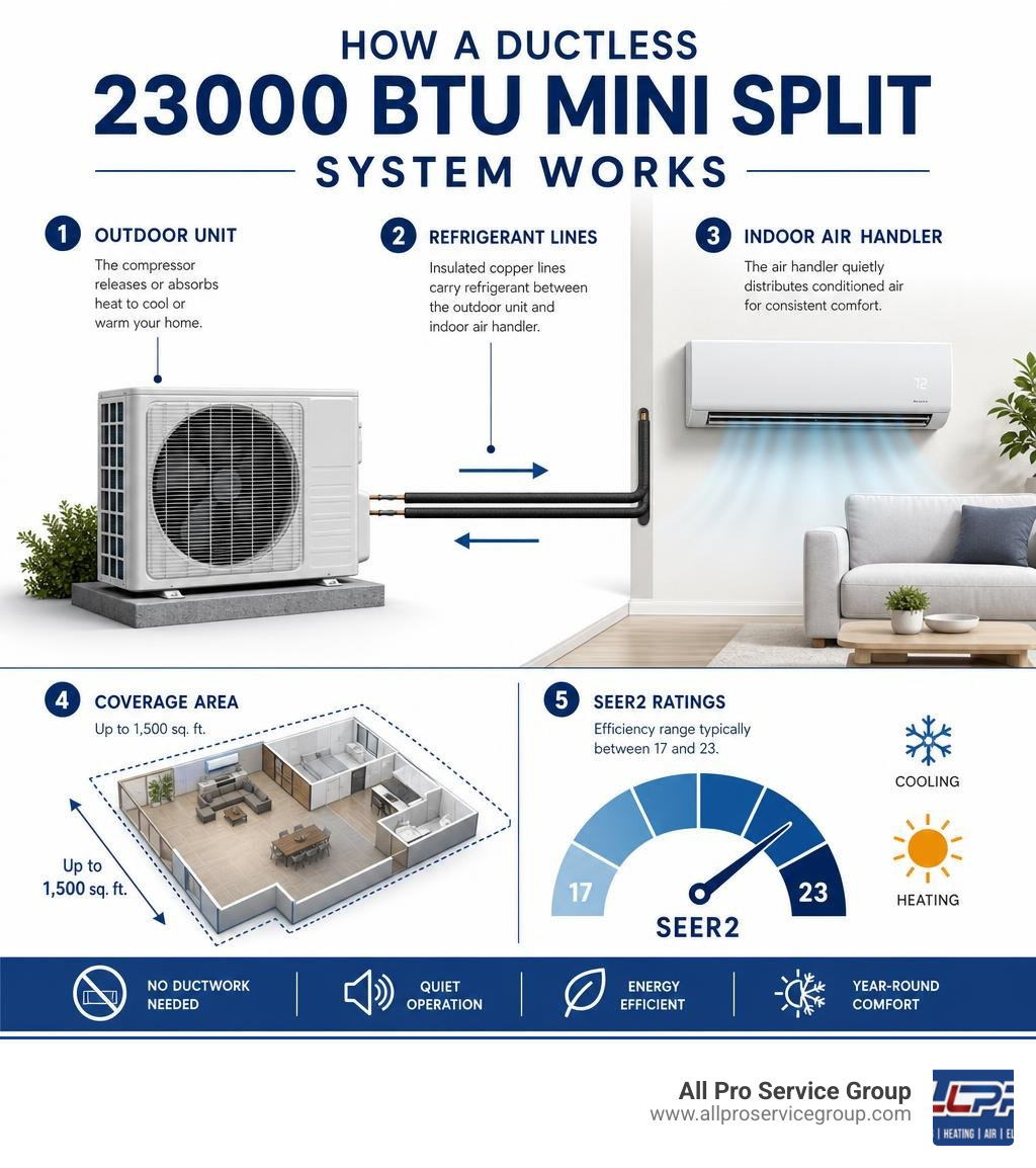 How a ductless 23000 BTU mini split system works: outdoor unit, refrigerant lines, indoor air handler, coverage area, SEER2