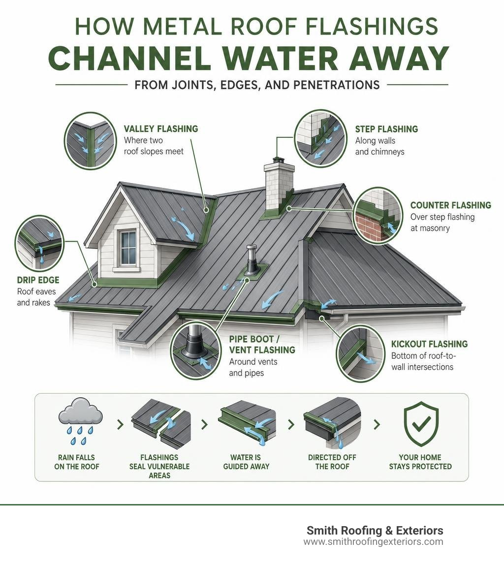 Infographic showing how metal roof flashings channel water away from joints, edges, and penetrations infographic Infographic showing how metal roof flashings channel water away from joints, edges, and penetrations infographic