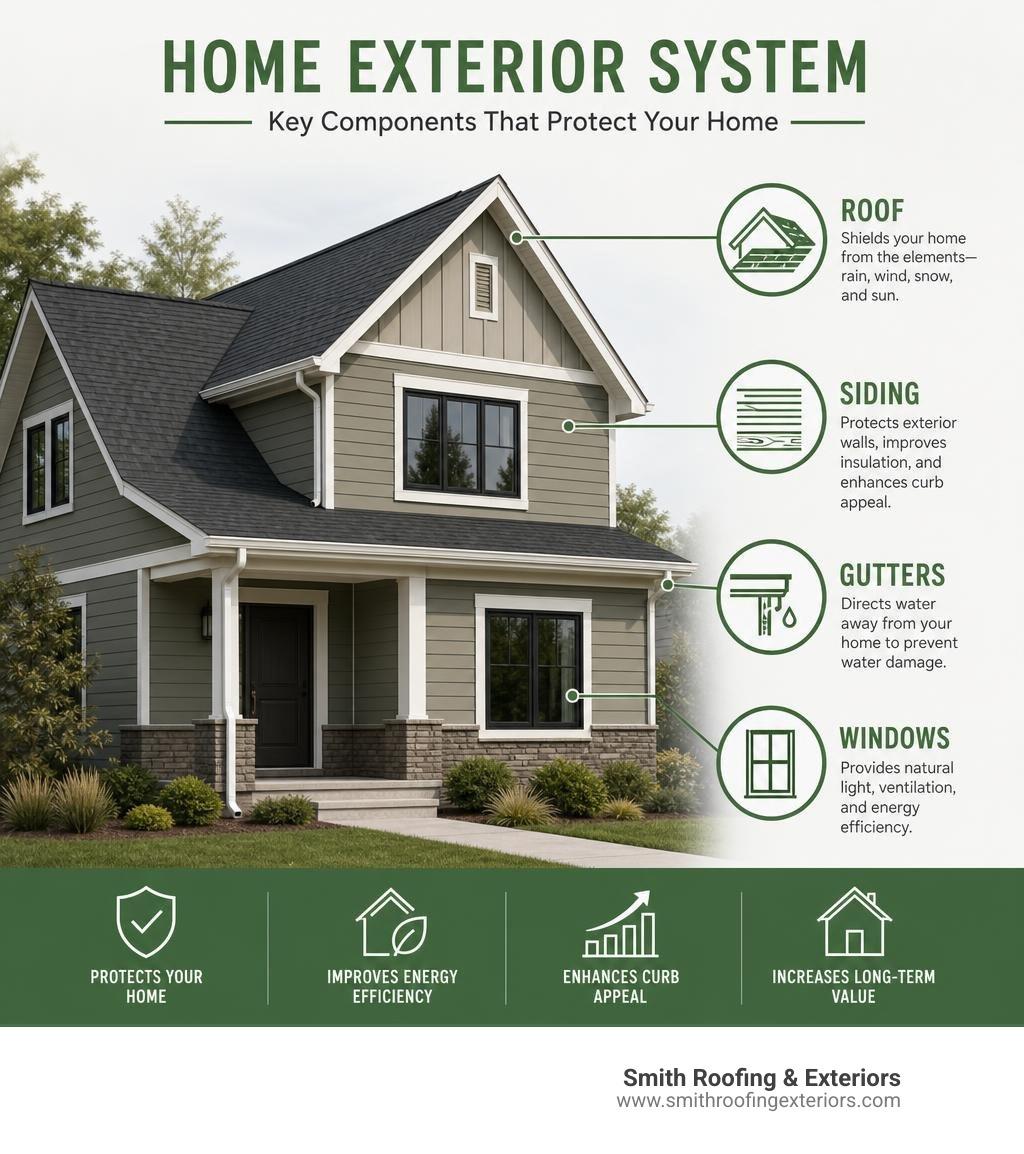 Infographic showing the key components of a home exterior system including roof, siding, gutters, and windows infographic Infographic showing the key components of a home exterior system including roof, siding, gutters, and windows infographic