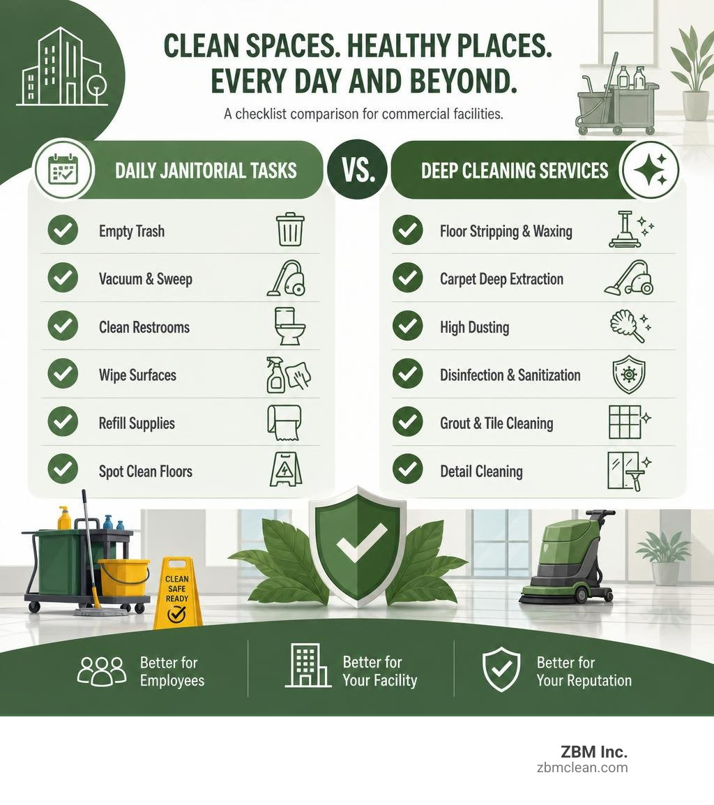 checklist infographic comparing daily janitorial tasks vs. deep cleaning services for commercial facilities infographic checklist infographic comparing daily janitorial tasks vs. deep cleaning services for commercial facilities infographic