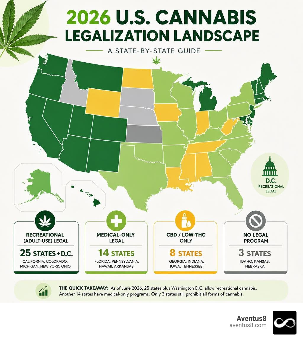 2026 U.S. cannabis legalization landscape infographic showing recreational, medical, CBD-only, and illegal states infographic