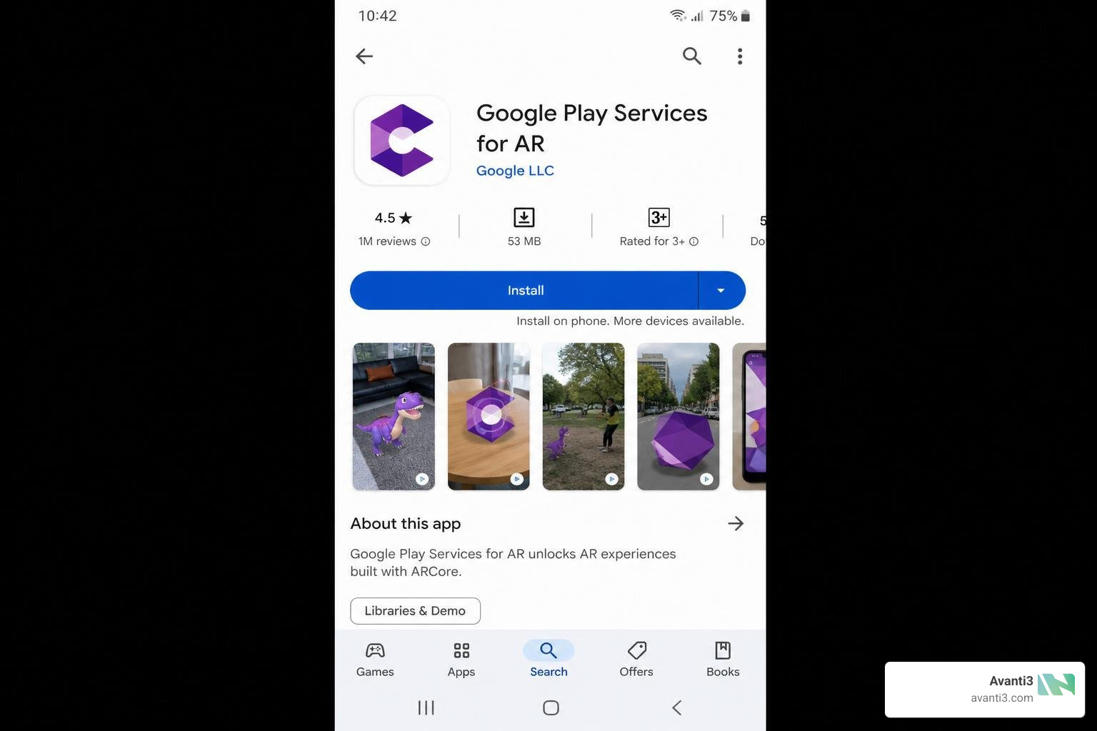 Google Play Store download screen showing Google Play Services for AR installation