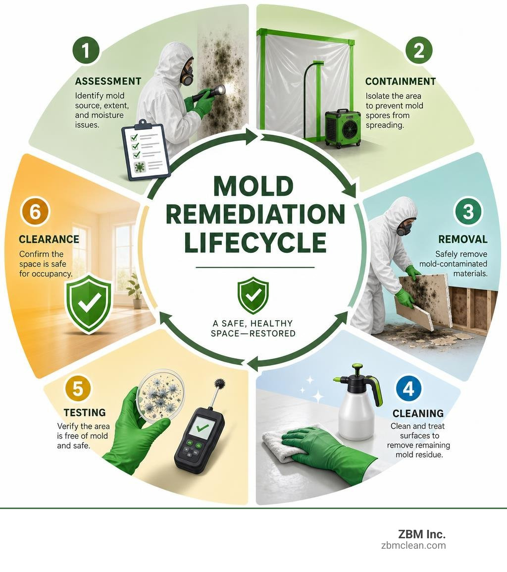 Mold remediation lifecycle infographic: assessment, containment, removal, cleaning, testing, clearance infographic Mold remediation lifecycle infographic: assessment, containment, removal, cleaning, testing, clearance infographic