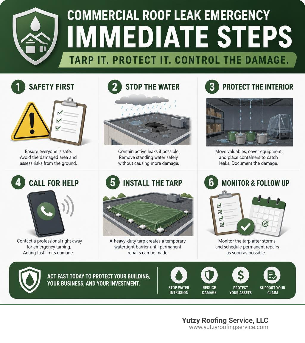 Immediate steps infographic for commercial roof leak emergency tarping and damage control infographic Immediate steps infographic for commercial roof leak emergency tarping and damage control infographic