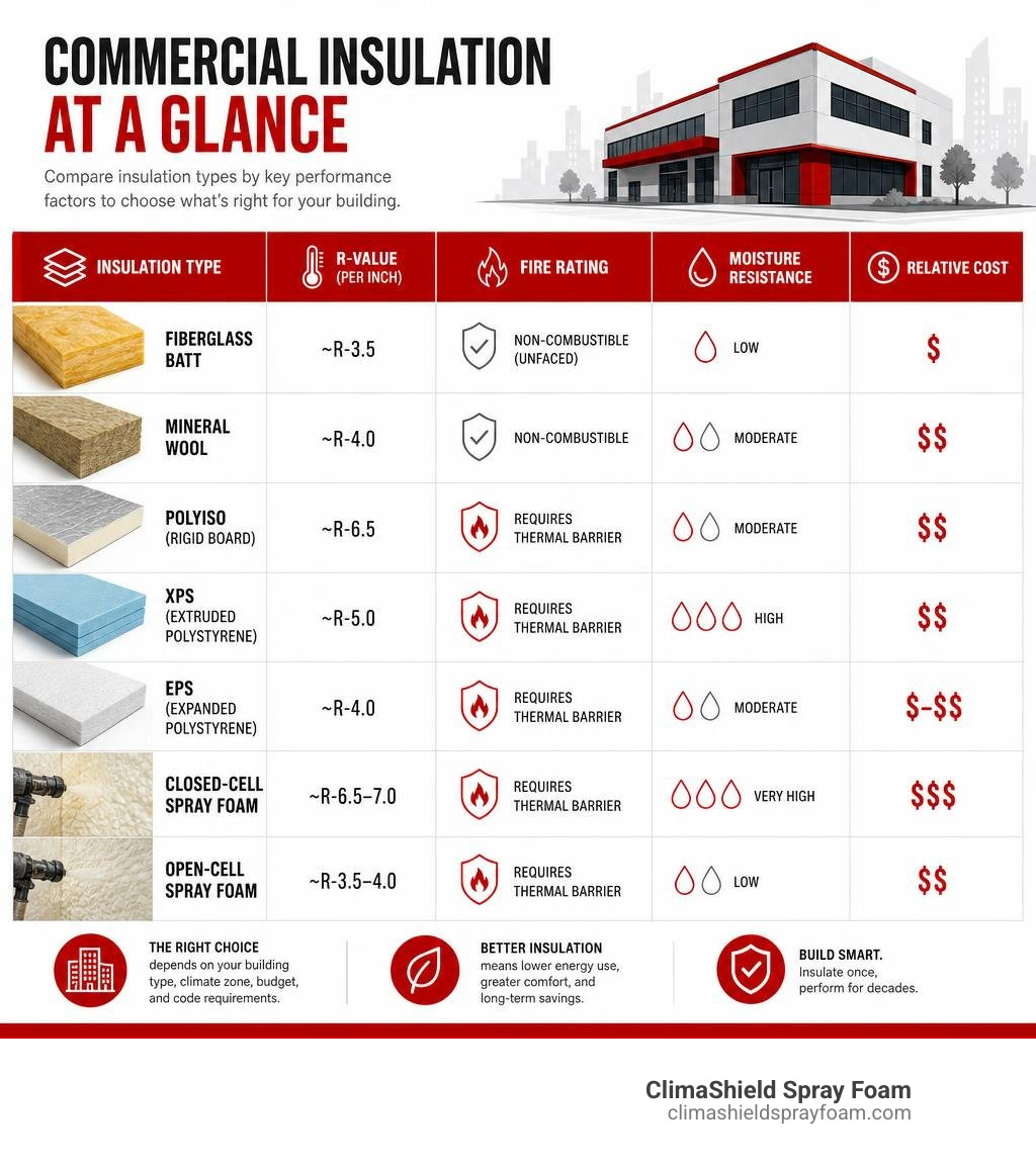 Infographic comparing commercial insulation types by R-value, fire rating, moisture resistance, and cost infographic Infographic comparing commercial insulation types by R-value, fire rating, moisture resistance, and cost infographic