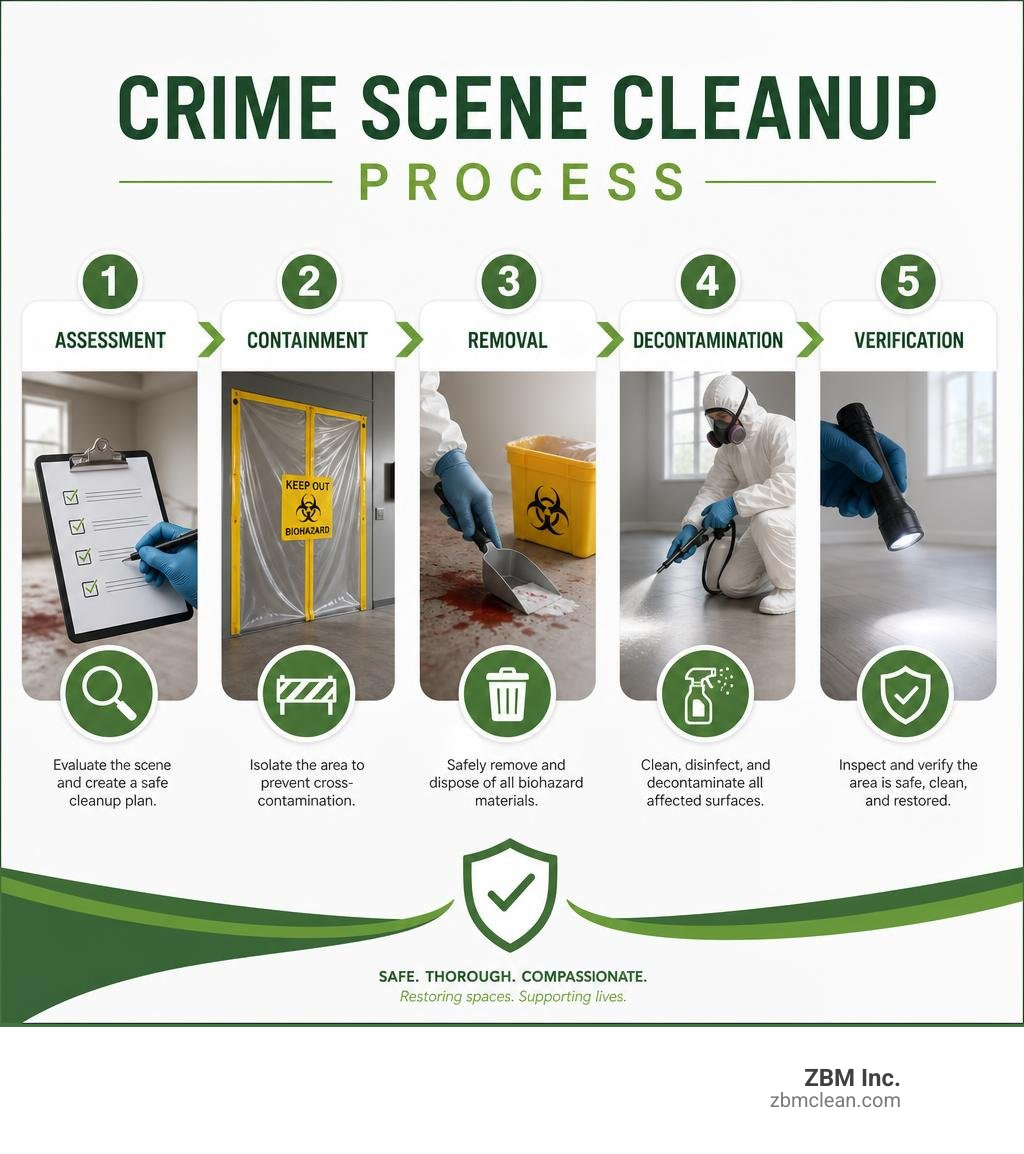 Crime scene cleanup process infographic: assessment, containment, removal, decontamination, verification infographic Crime scene cleanup process infographic: assessment, containment, removal, decontamination, verification infographic