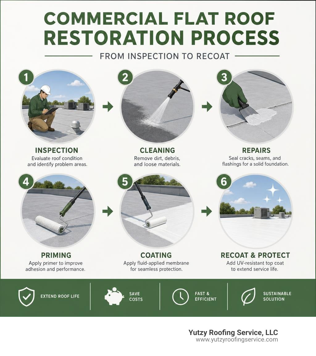 Infographic: Commercial flat roof restoration process from inspection to recoat infographic Infographic: Commercial flat roof restoration process from inspection to recoat infographic