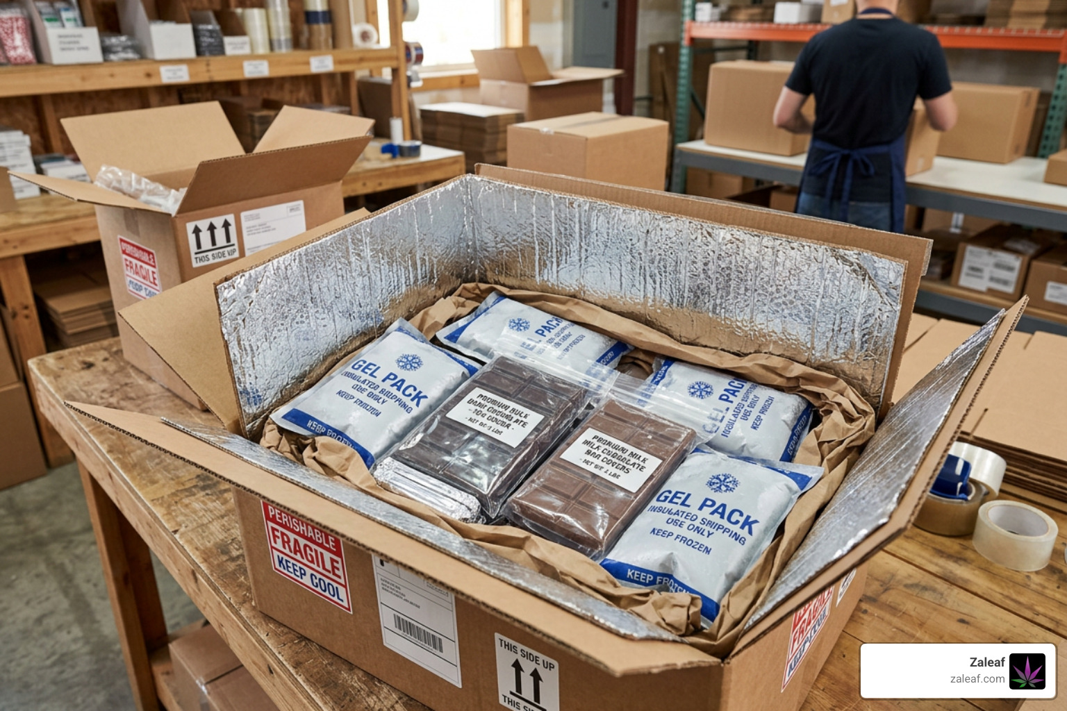 Insulated shipping box with ice packs protecting bulk chocolate from melting Insulated shipping box with ice packs protecting bulk chocolate from melting