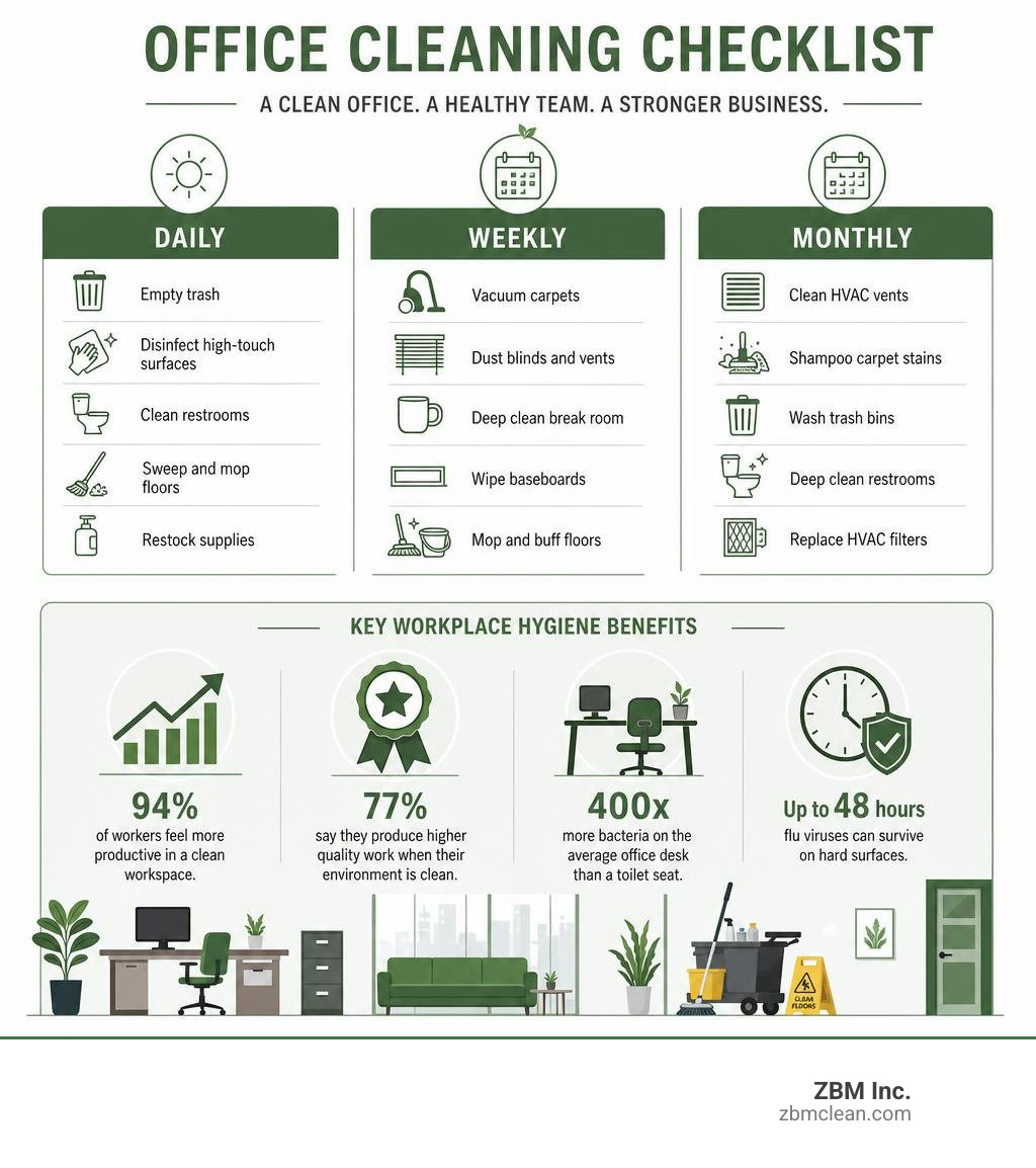 Infographic showing daily, weekly, monthly office cleaning checklist tasks and key workplace hygiene benefits infographic Infographic showing daily, weekly, monthly office cleaning checklist tasks and key workplace hygiene benefits infographic