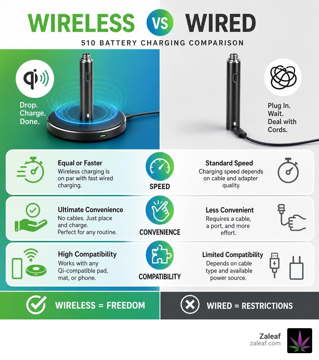 Wireless vs wired 510 battery charging comparison infographic showing speed, convenience, and compatibility infographic Wireless vs wired 510 battery charging comparison infographic showing speed, convenience, and compatibility infographic