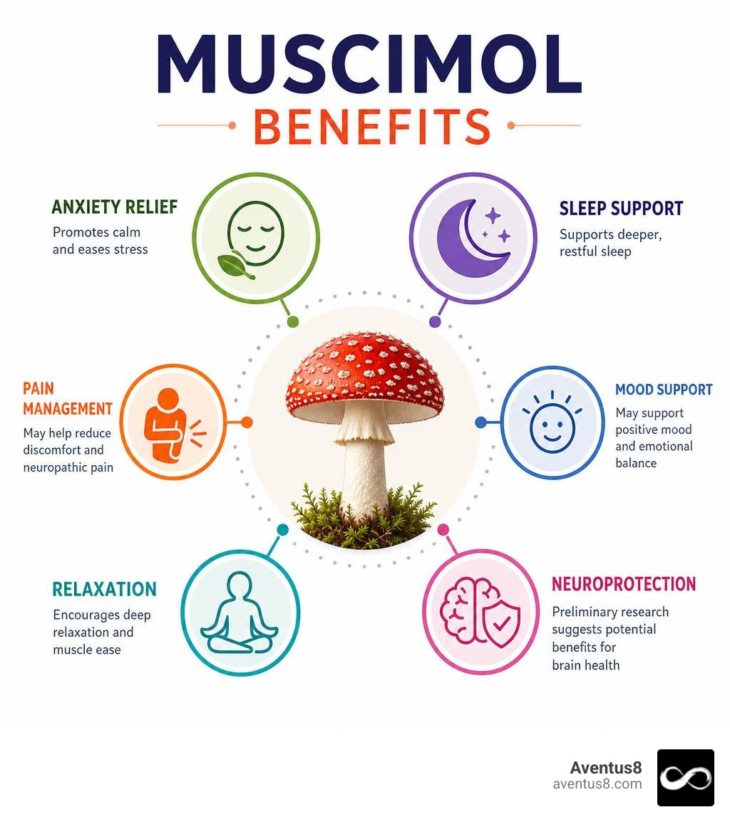 Infographic summarizing muscimol benefits: anxiety relief, sleep, pain, mood, relaxation, neuroprotection infographic Infographic summarizing muscimol benefits: anxiety relief, sleep, pain, mood, relaxation, neuroprotection infographic