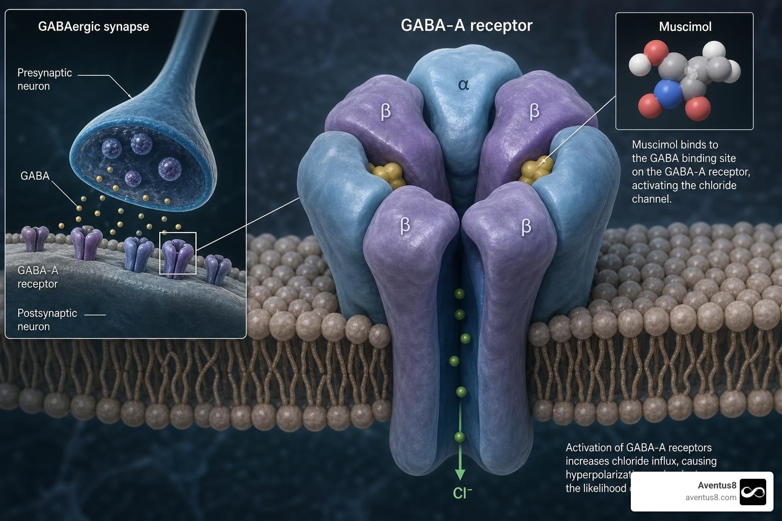 A diagram of GABA receptors showing muscimol binding A diagram of GABA receptors showing muscimol binding