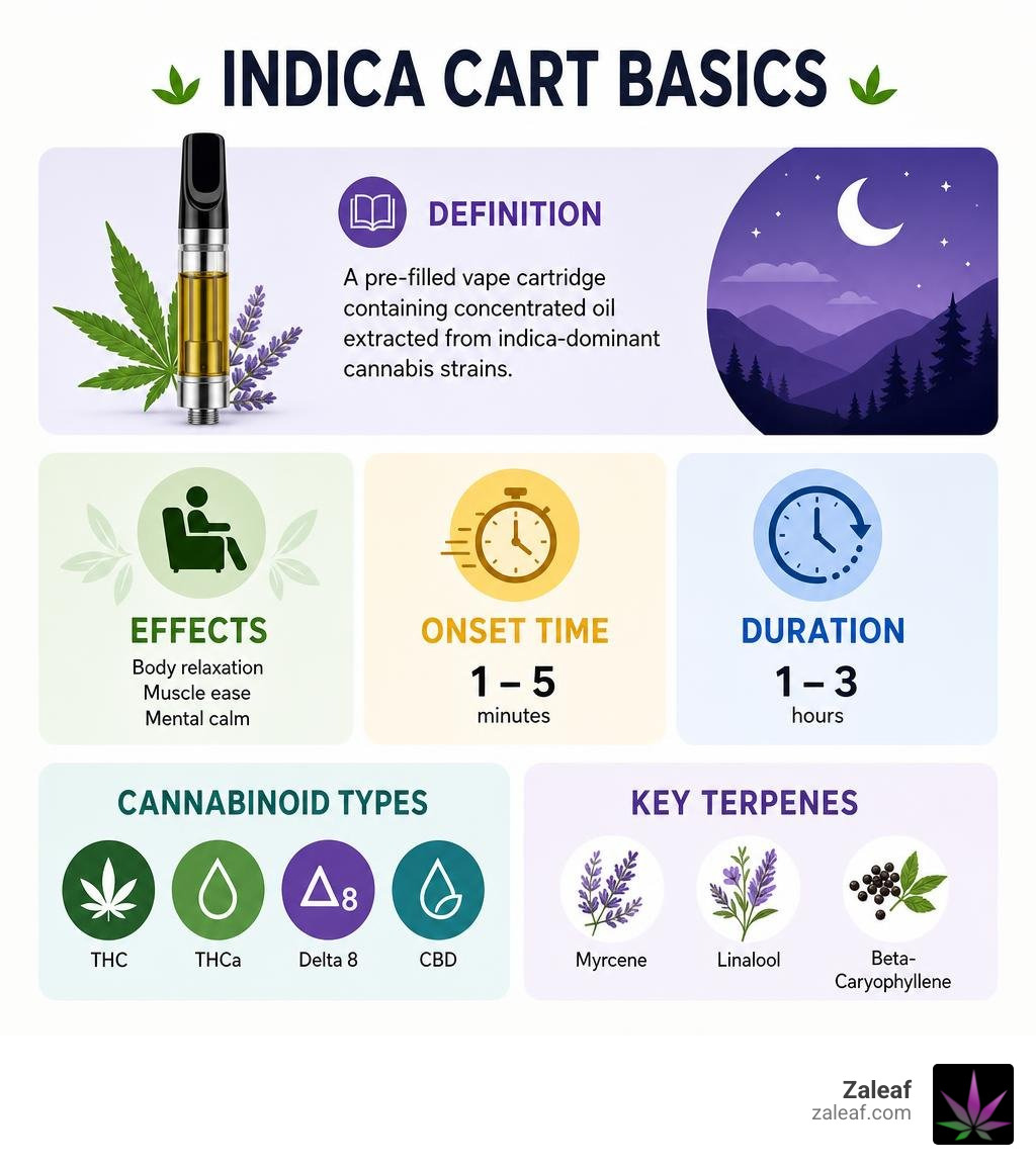 Infographic showing indica cart basics: definition, effects, onset time, duration, cannabinoid types, and key terpenes