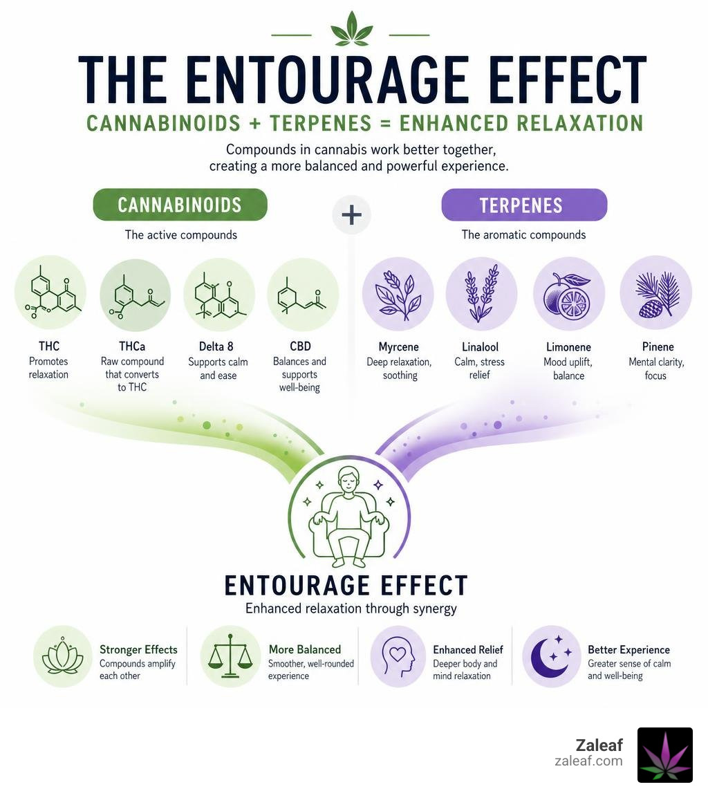 Infographic explaining the entourage effect: how cannabinoids and terpenes work together to enhance relaxation infographic