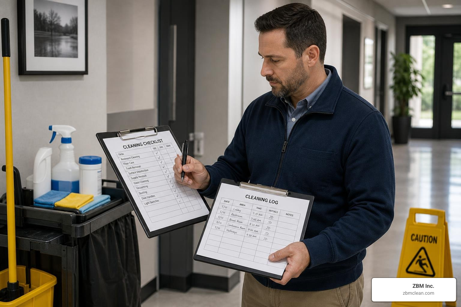 Facility manager reviewing a cleaning log and checklist Facility manager reviewing a cleaning log and checklist