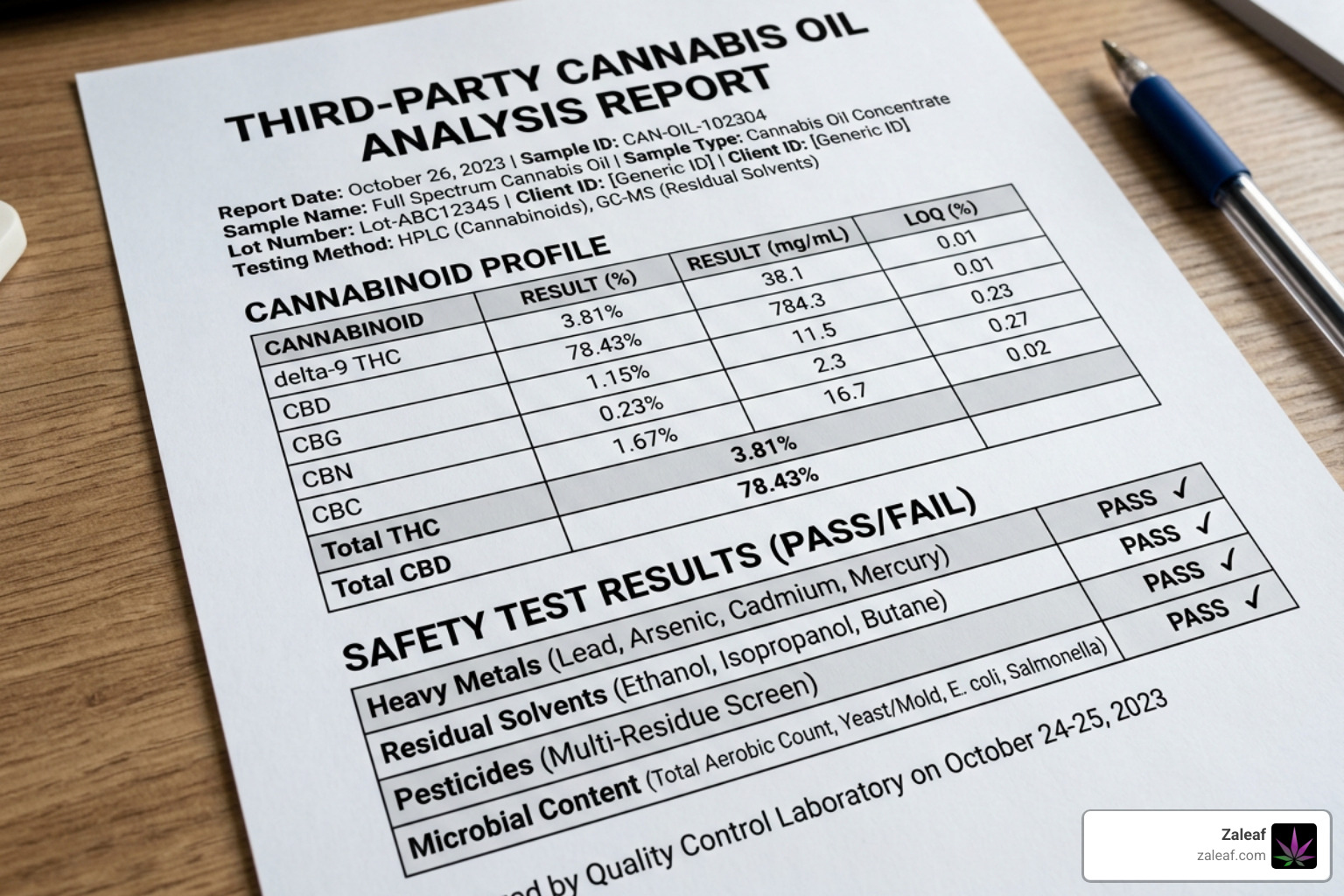 Third-party lab testing report showing clean safety profile and cannabinoid breakdown