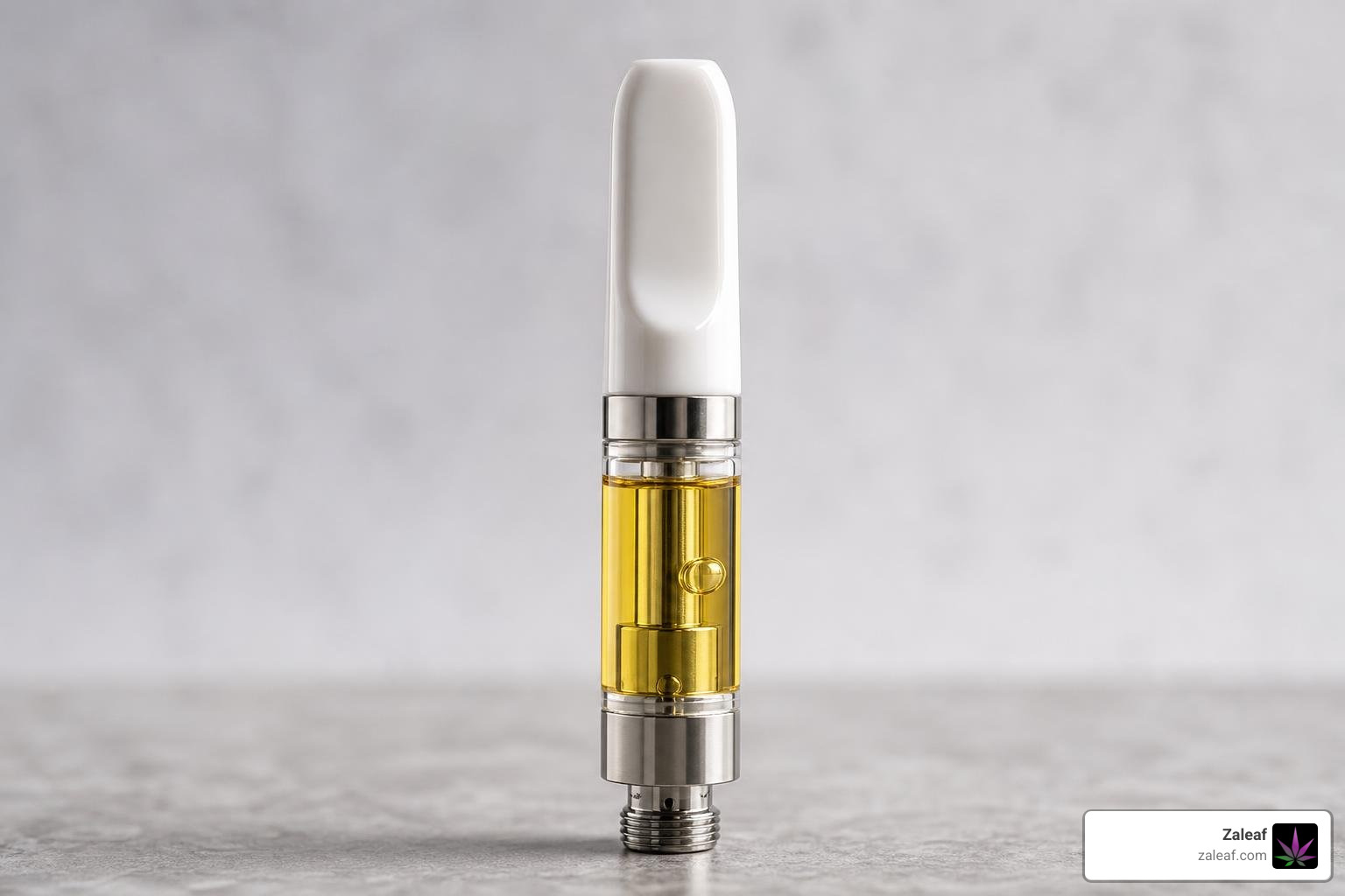 High-quality ceramic vape cartridge showing clear golden oil and premium hardware
