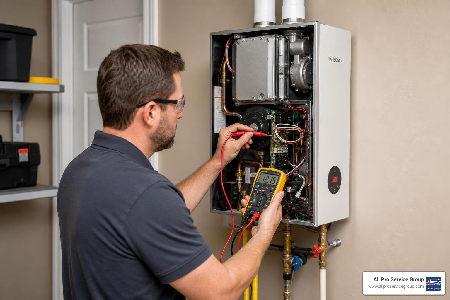 A professional technician diagnosing a Bosch tankless water heater with a multimeter