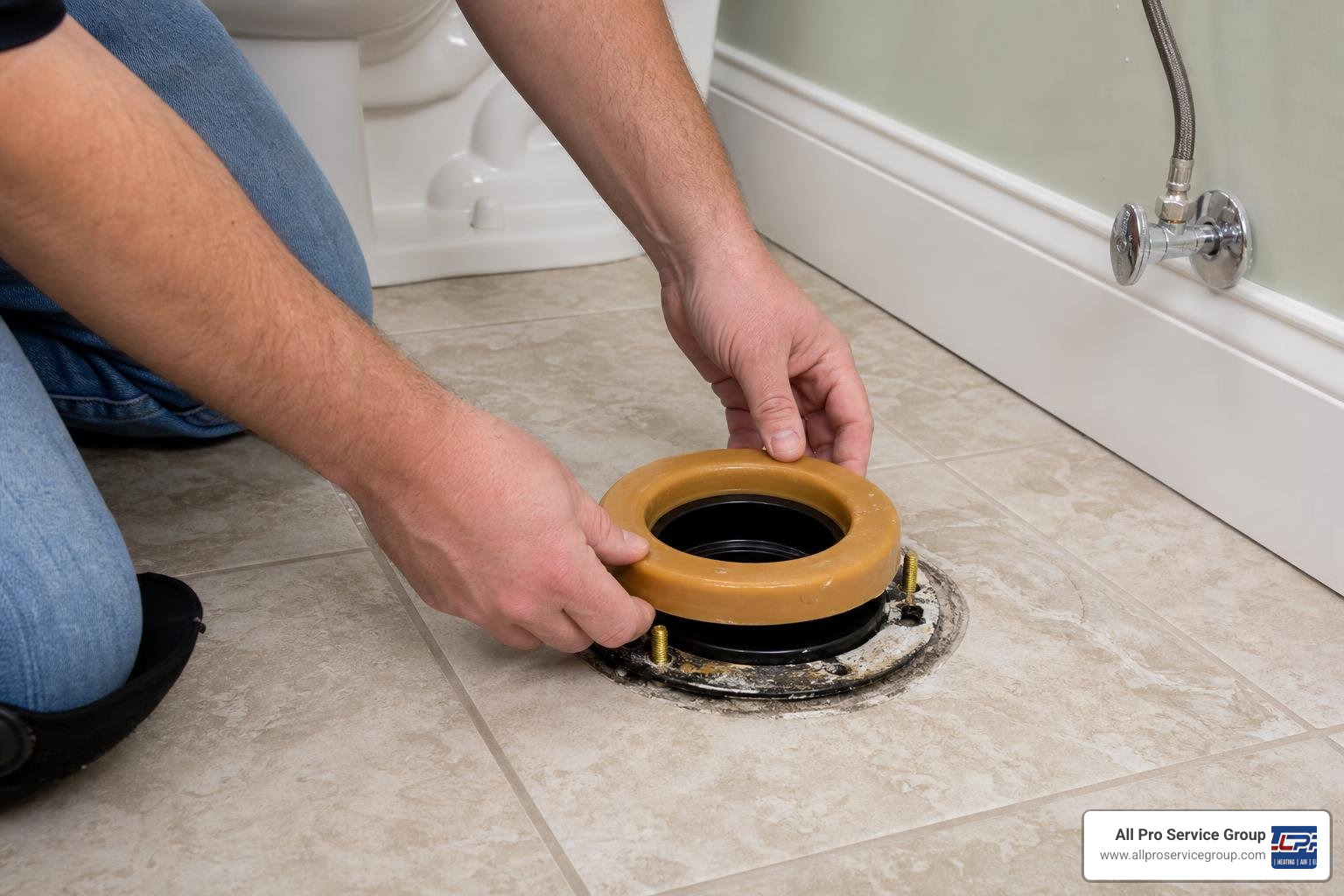 Installing a new wax seal ring on a toilet flange