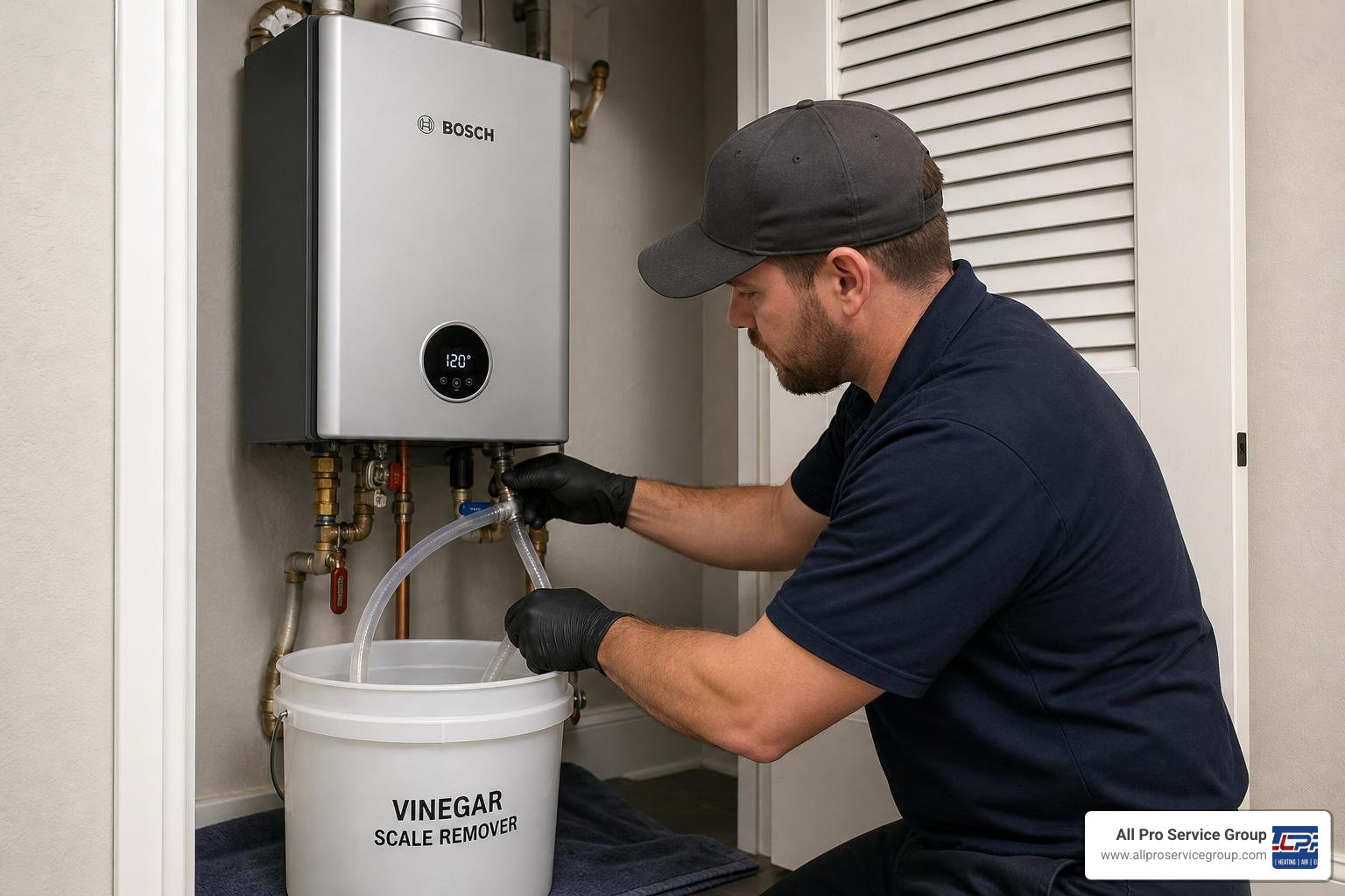 A service plumber flushing a Bosch tankless water heater with vinegar to remove scale buildup