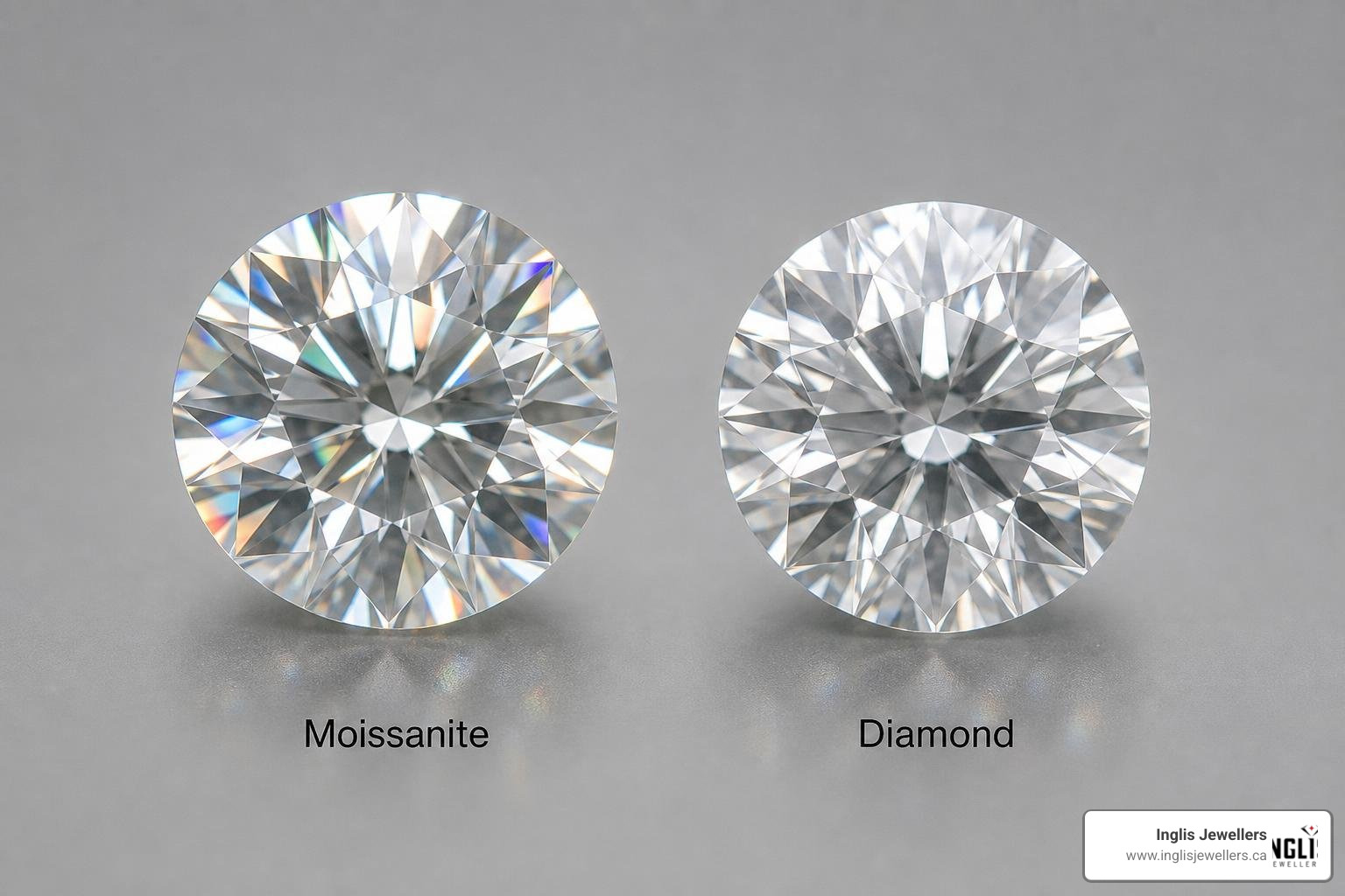 Moissanite and diamond side by side comparison showing sparkle and fire Moissanite and diamond side by side comparison showing sparkle and fire