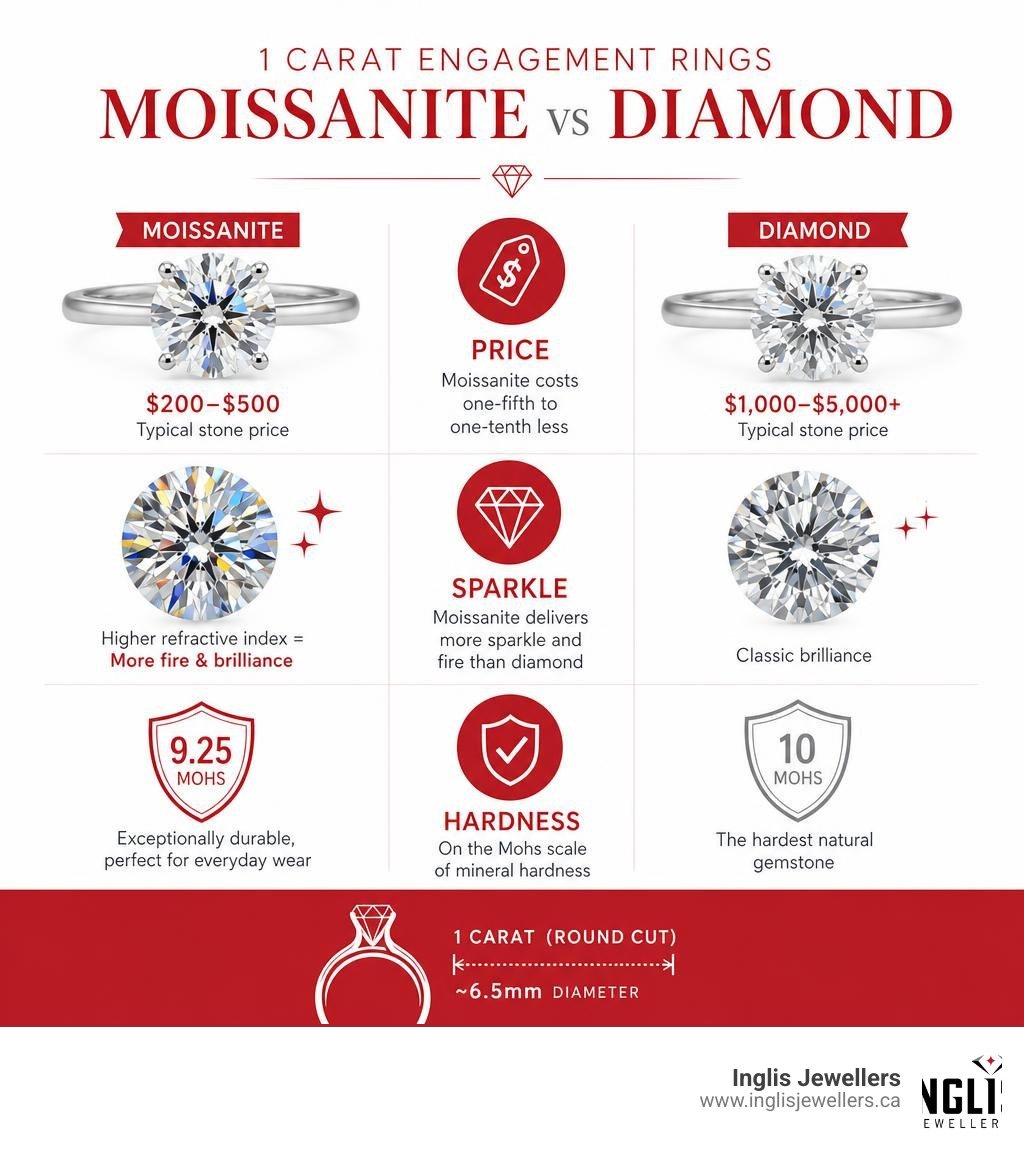 Infographic showing moissanite vs diamond price, sparkle, and hardness for 1 carat engagement rings infographic Infographic showing moissanite vs diamond price, sparkle, and hardness for 1 carat engagement rings infographic