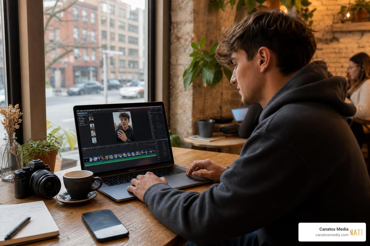 A social media content creator editing viral short-form video on a laptop in a cozy NYC cafe