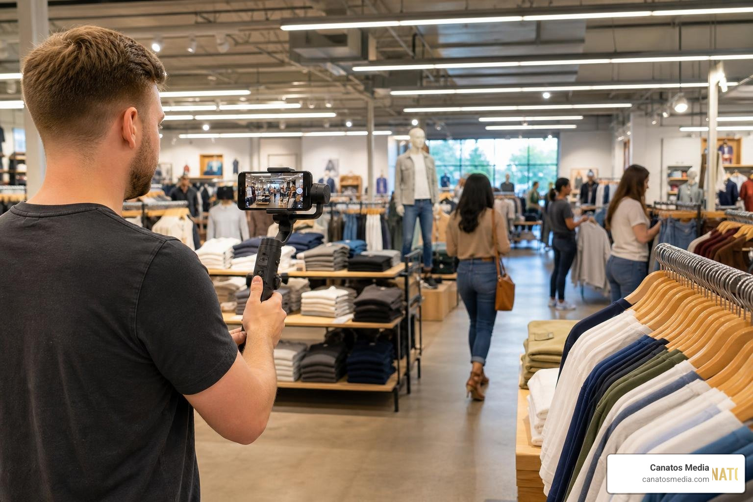 A retail store walkthrough video shoot being captured on a mobile stabilizer