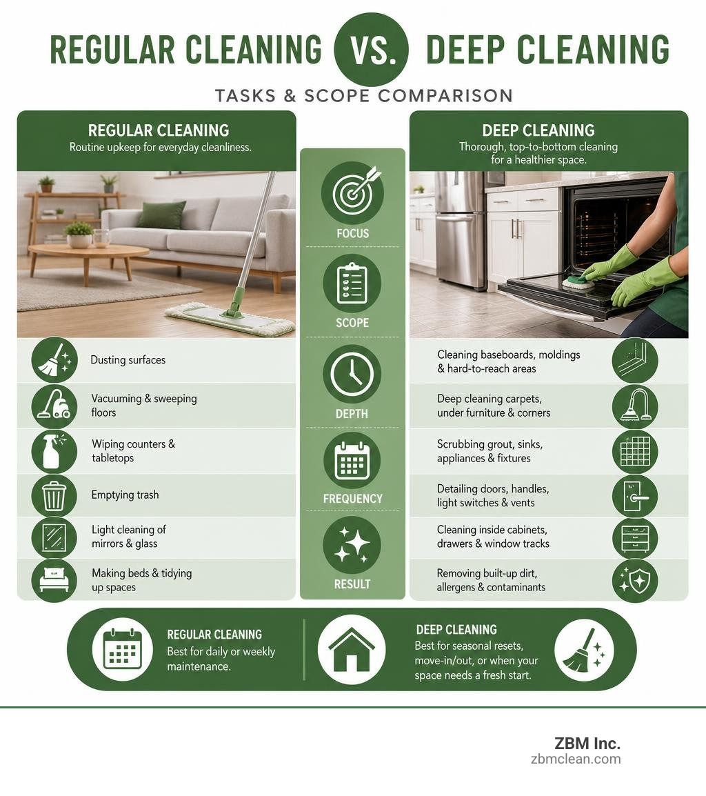 Infographic comparing regular cleaning vs deep cleaning tasks and scope infographic Infographic comparing regular cleaning vs deep cleaning tasks and scope infographic