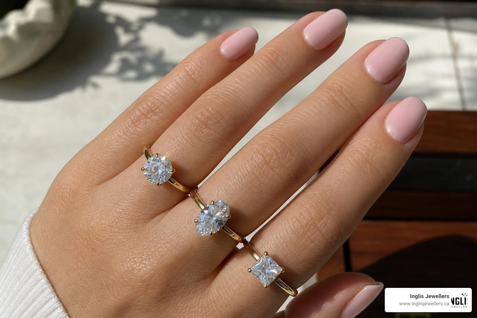 Different cuts of 1 carat moissanite on a hand Different cuts of 1 carat moissanite on a hand