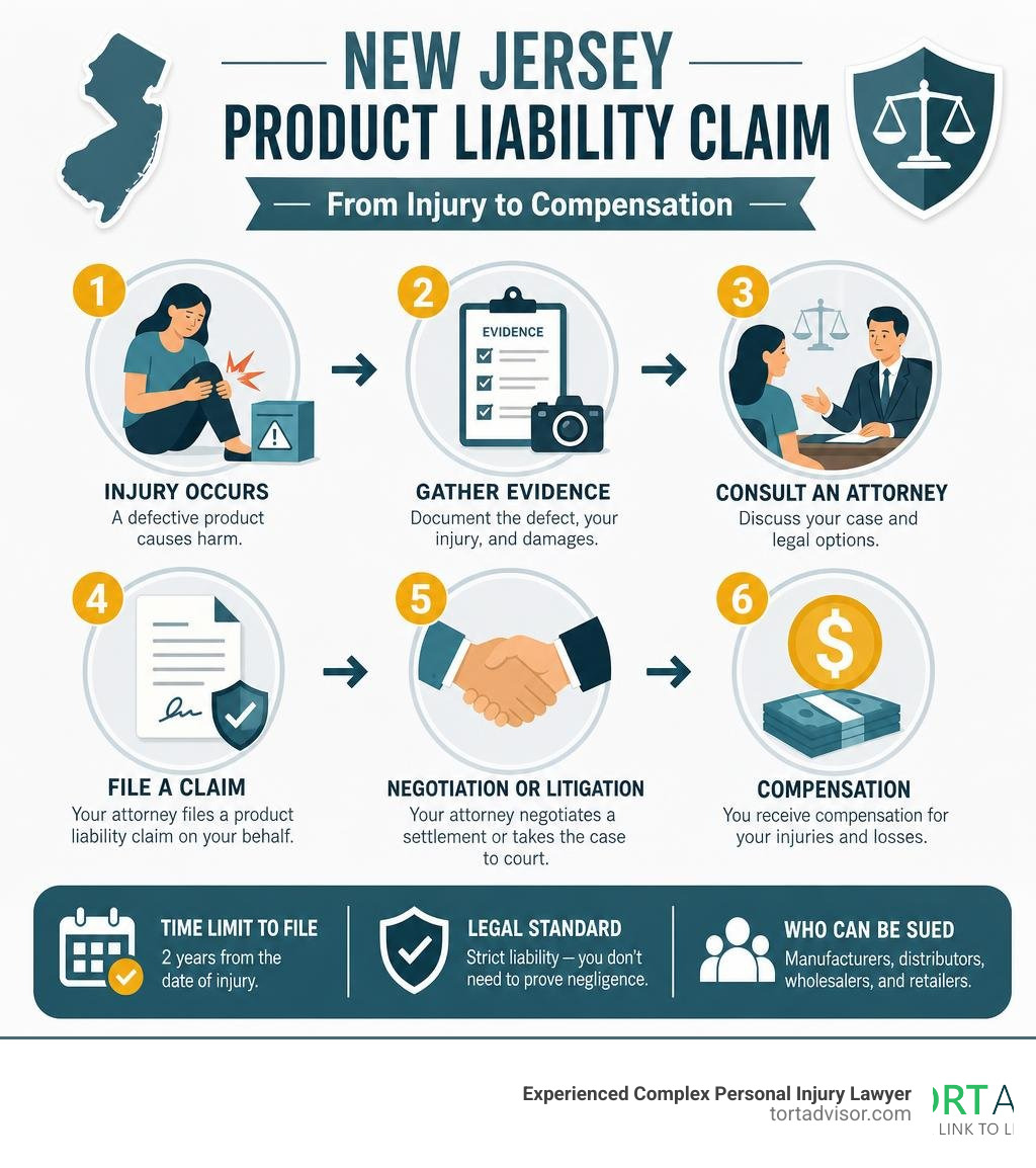 Infographic showing steps in a New Jersey product liability claim from injury to compensation infographic Infographic showing steps in a New Jersey product liability claim from injury to compensation infographic