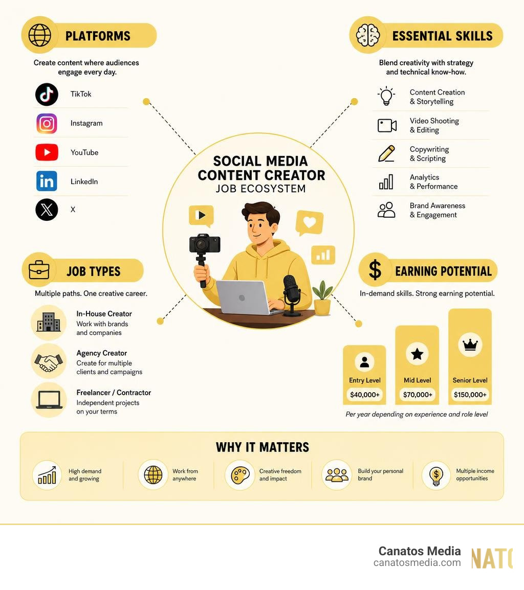 Overview of the social media content creator job ecosystem including platforms, skills, salary, and job types infographic
