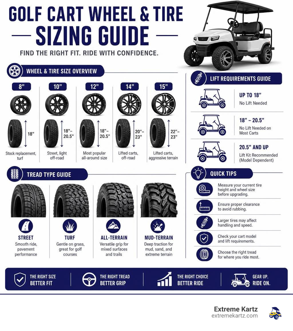Golf cart wheel and tire sizing infographic showing wheel diameters, tire heights, lift requirements, and tread types