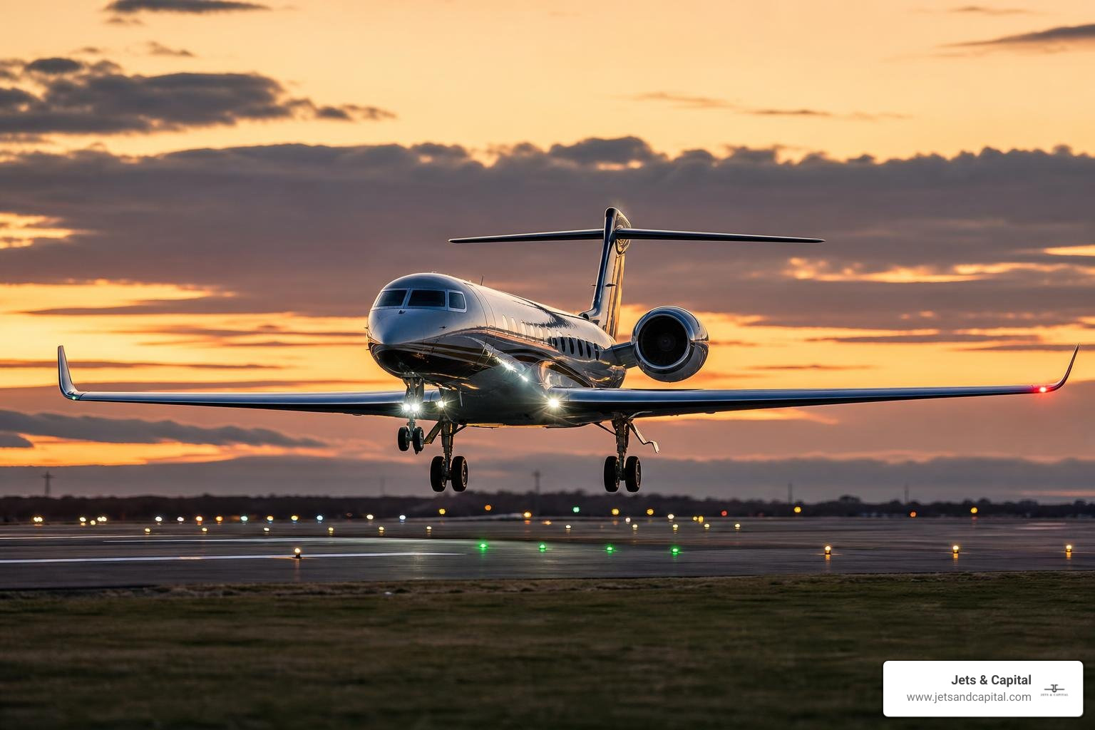 ultra-long-range luxury private jet landing at dusk