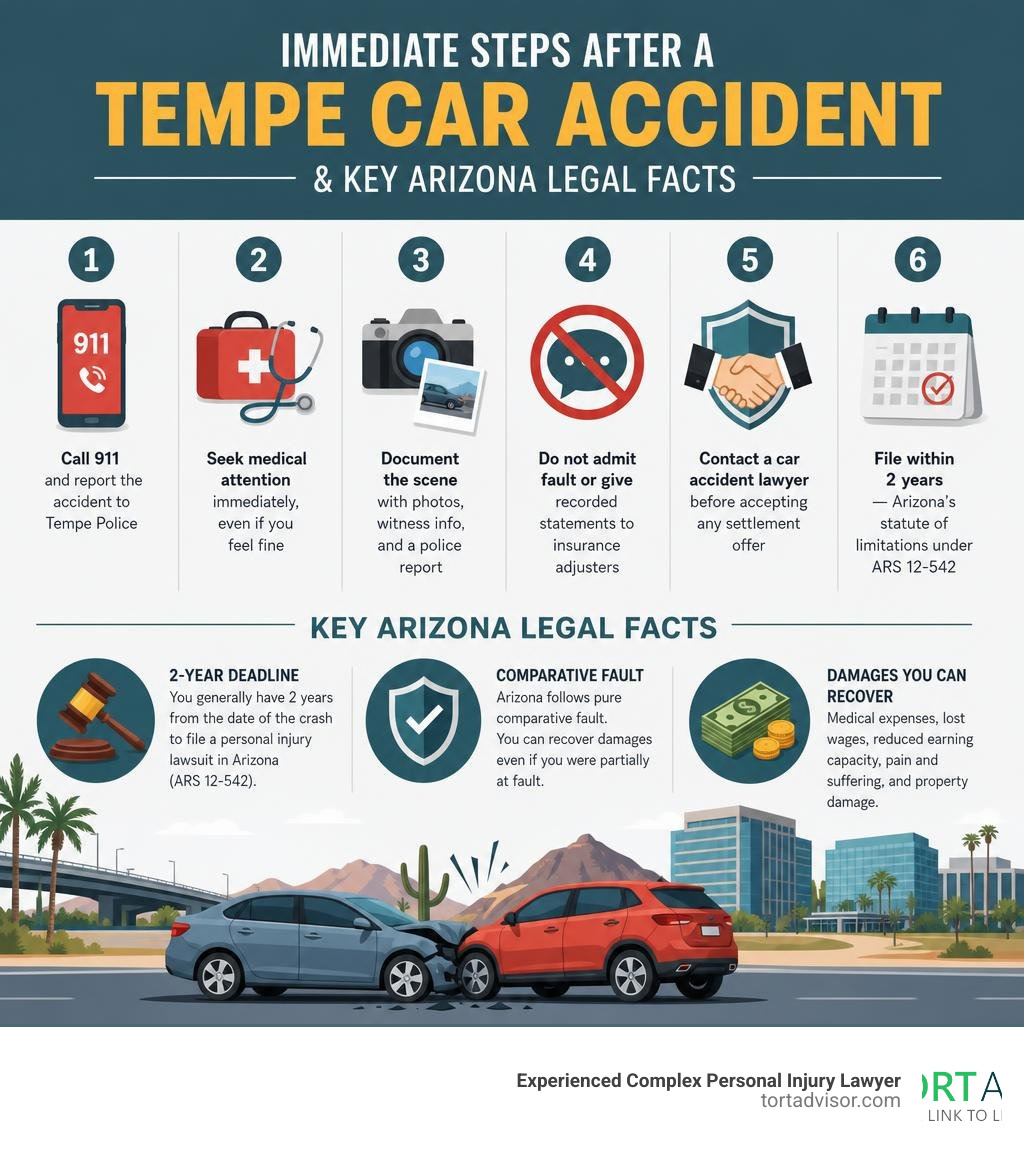 Infographic: Immediate steps after a Tempe car accident and key Arizona legal facts infographic Infographic: Immediate steps after a Tempe car accident and key Arizona legal facts infographic
