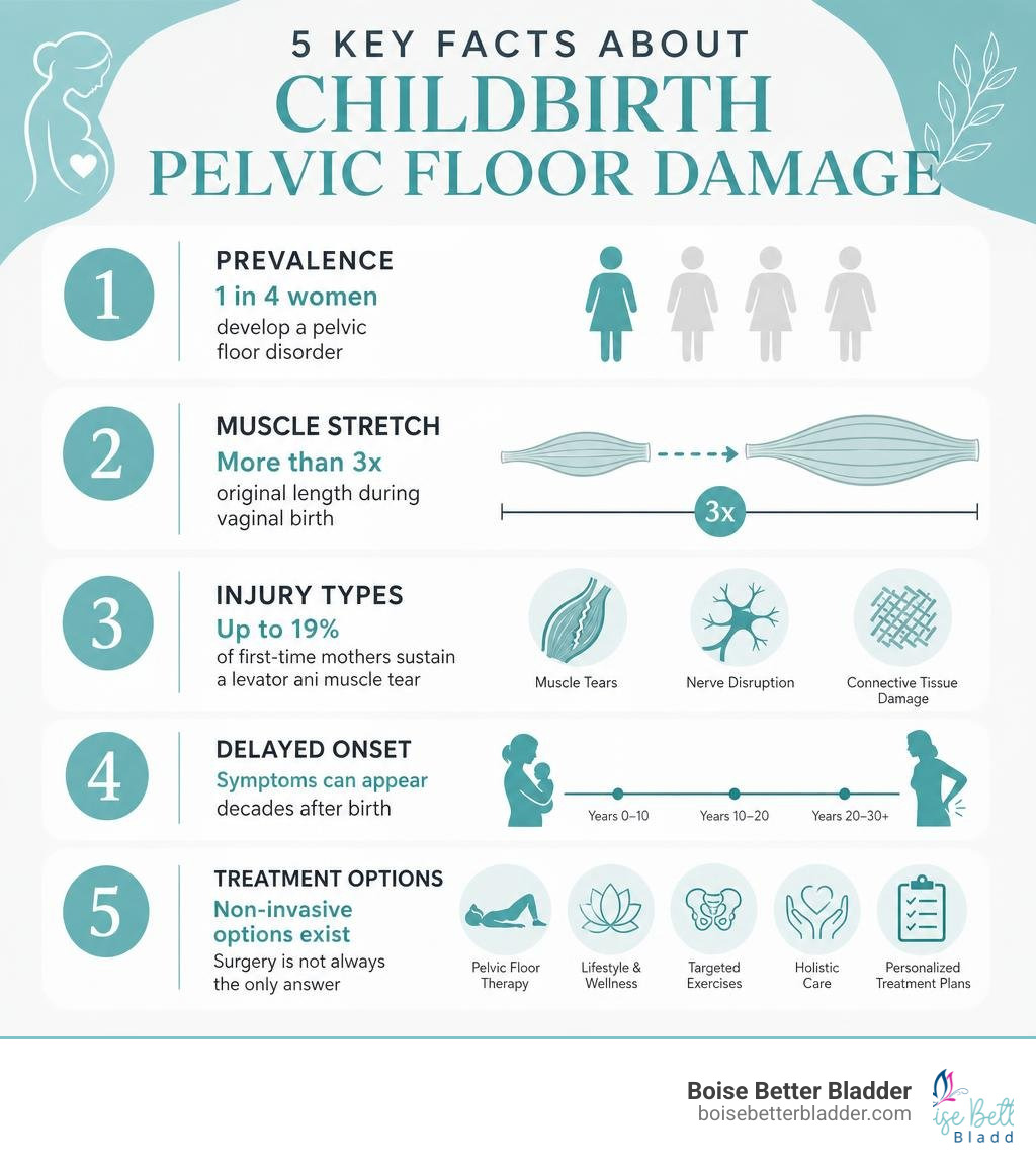 Infographic showing 5 key facts about childbirth pelvic floor damage: prevalence, muscle stretch ratio, injury types
