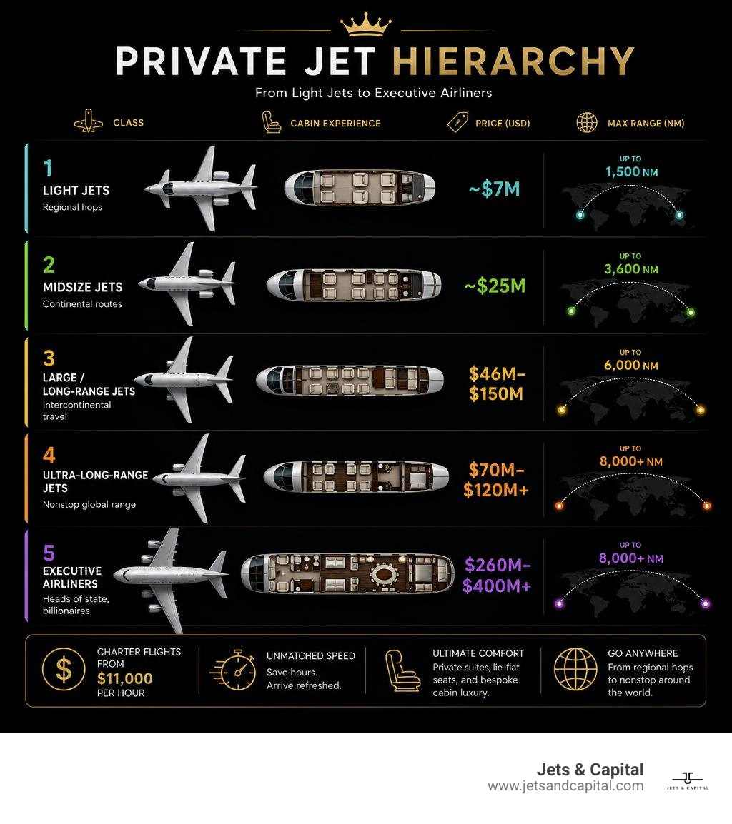 Private jet hierarchy infographic from light jets to executive airliners with price and range comparison infographic