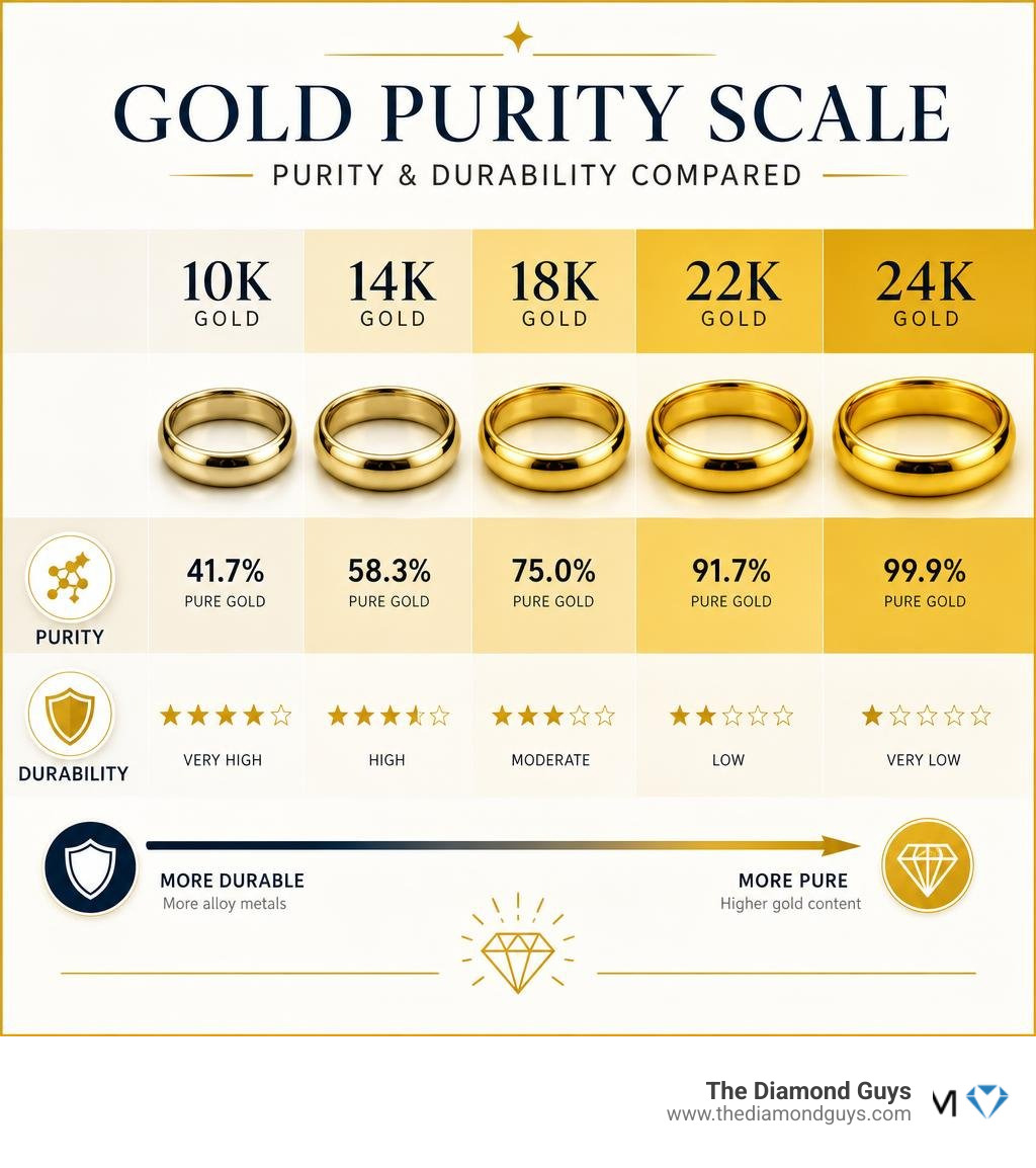 Gold purity scale comparing 10k, 14k, 18k, 22k, and 24k gold with durability and purity ratings infographic