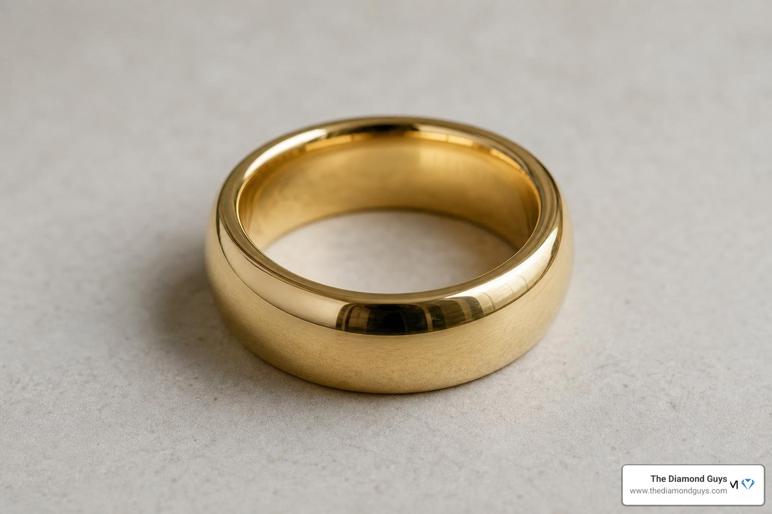A heavy, thick-profile comfort-fit wedding band in solid gold