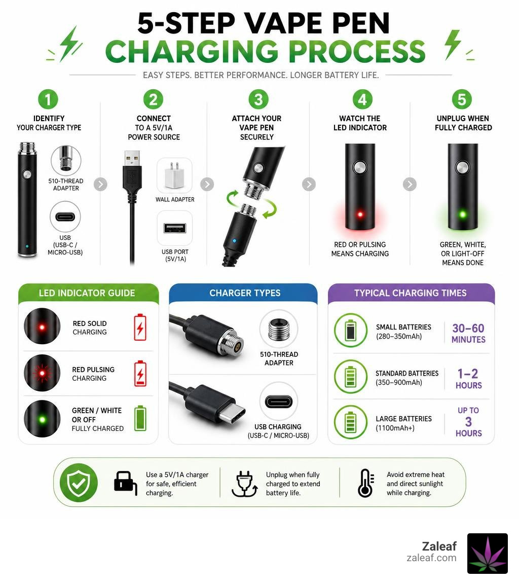 5-step vape pen charging process infographic with LED indicators, charger types, and charging times infographic 5-step vape pen charging process infographic with LED indicators, charger types, and charging times infographic