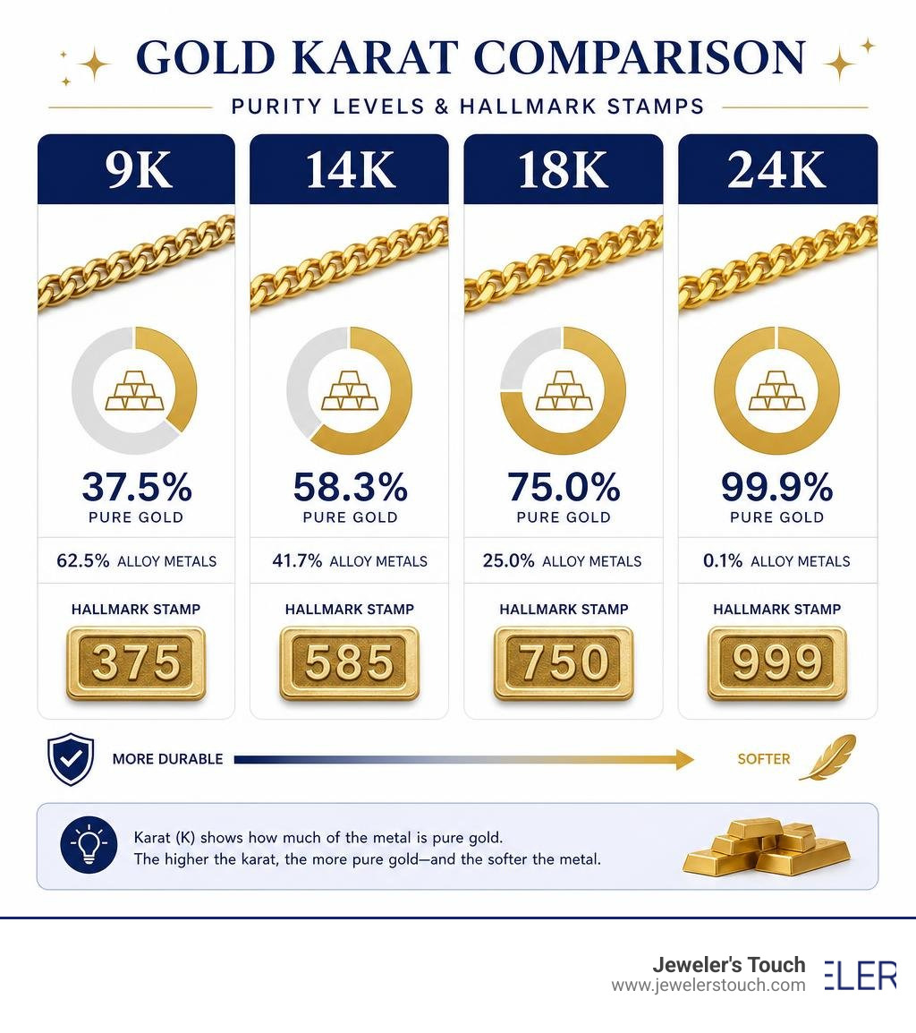 Infographic comparing gold karat purity levels 9K 14K 18K 24K with gold percentage and hallmark stamps infographic Infographic comparing gold karat purity levels 9K 14K 18K 24K with gold percentage and hallmark stamps infographic