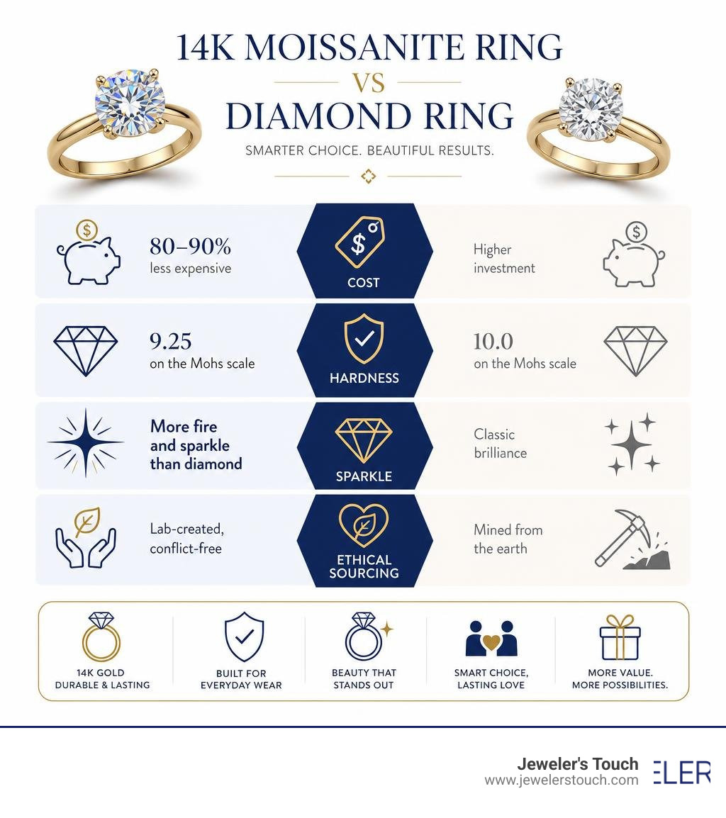 Infographic showing benefits of 14k moissanite ring vs diamond including cost, hardness, sparkle, and ethical sourcing Infographic showing benefits of 14k moissanite ring vs diamond including cost, hardness, sparkle, and ethical sourcing