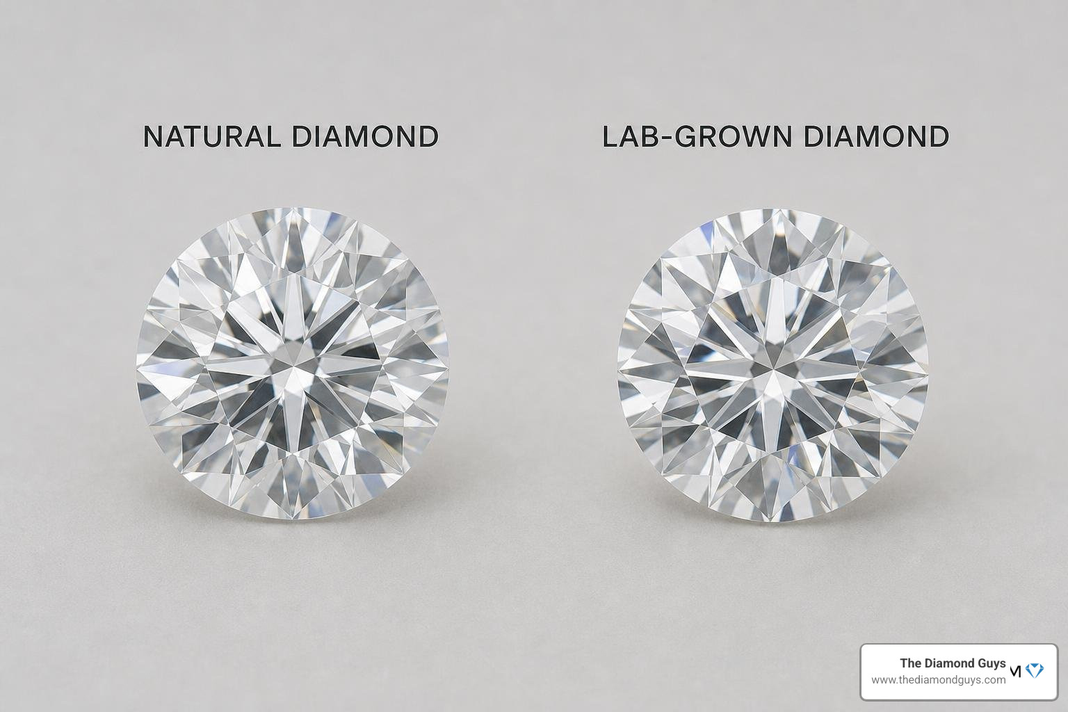 Side-by-side comparison of a natural mined diamond and a lab-grown diamond Side-by-side comparison of a natural mined diamond and a lab-grown diamond