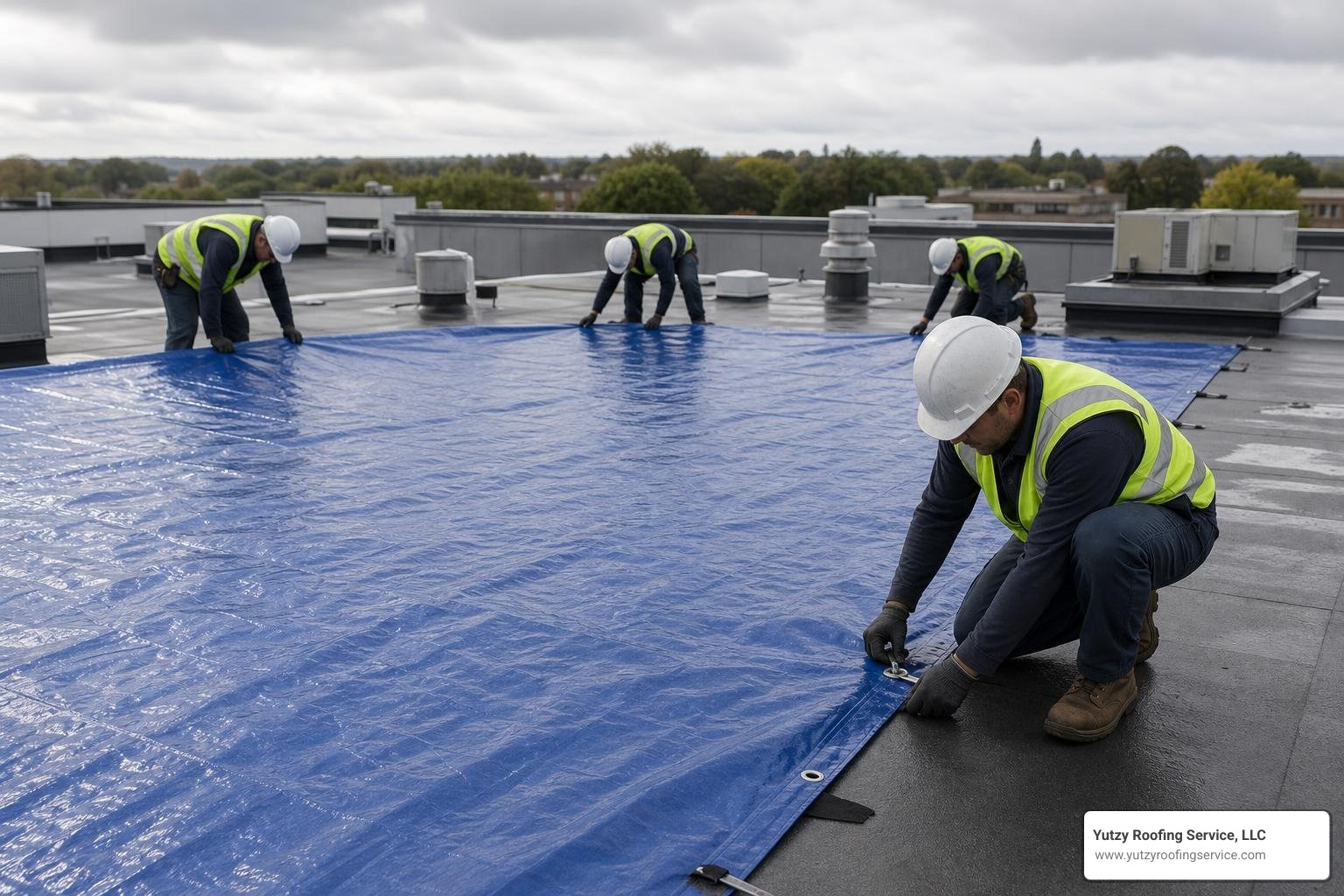 professional roofing crew securing a large tarp on a low-slope roof professional roofing crew securing a large tarp on a low-slope roof