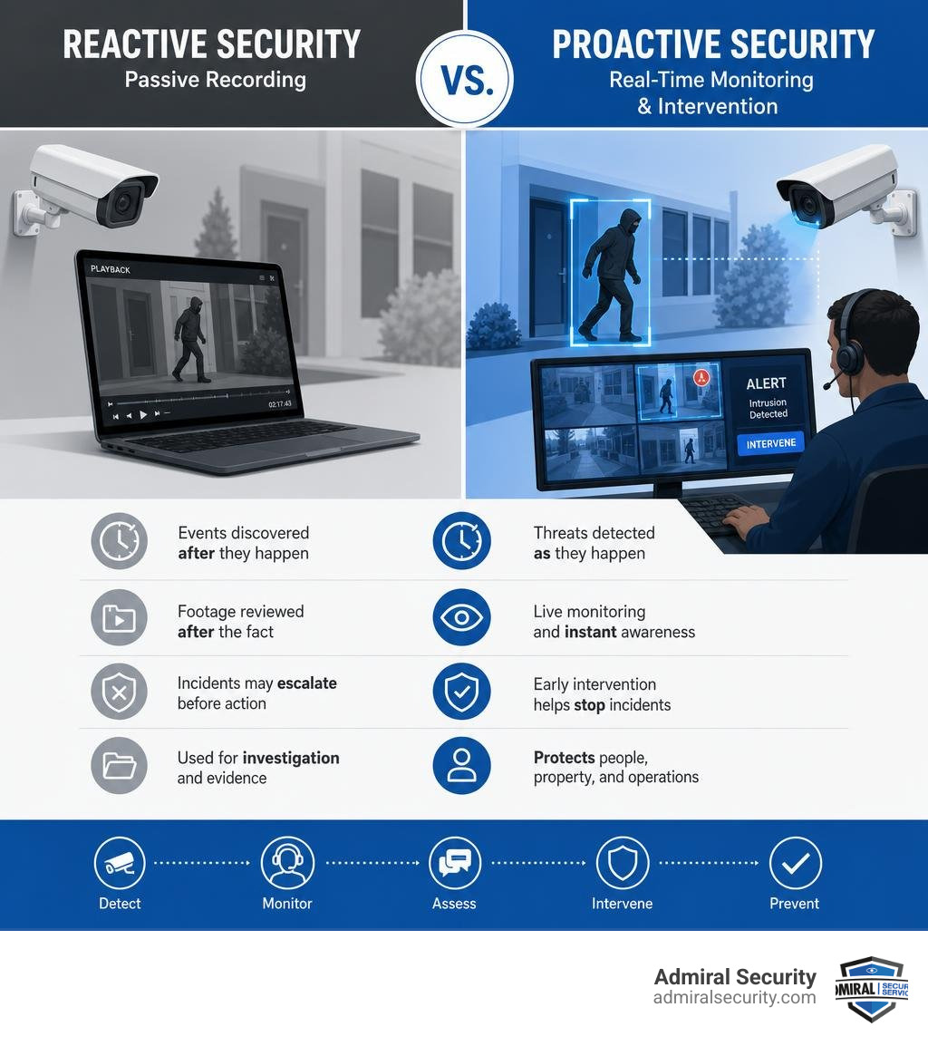 Infographic comparing reactive vs proactive security systems: passive recording vs real-time monitoring and intervention