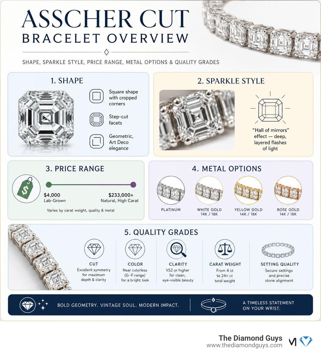 Infographic: Asscher cut bracelet overview — shape, sparkle style, price range, metal options, and quality grades infographic Infographic: Asscher cut bracelet overview — shape, sparkle style, price range, metal options, and quality grades infographic